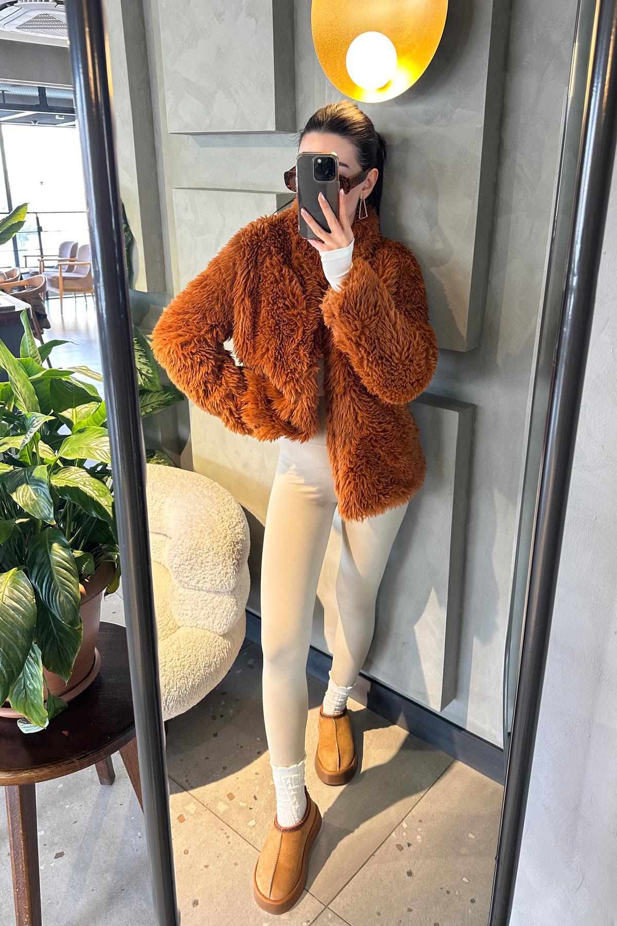 Tüylü Peluş Mont - Taba TABA