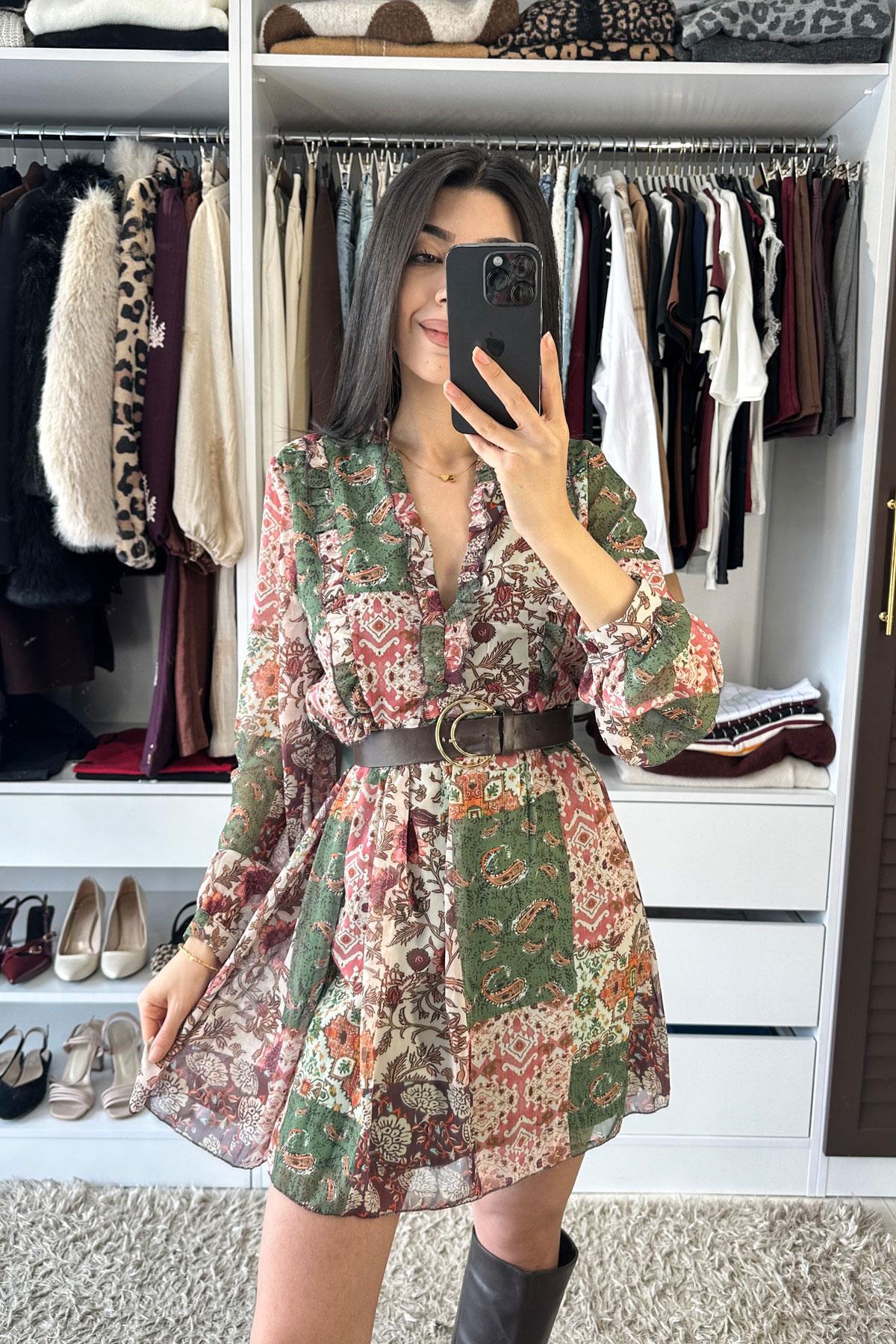 V Yaka Etnik Desen Şifon Elbise - Çok Renkli ÇOK RENKLİ