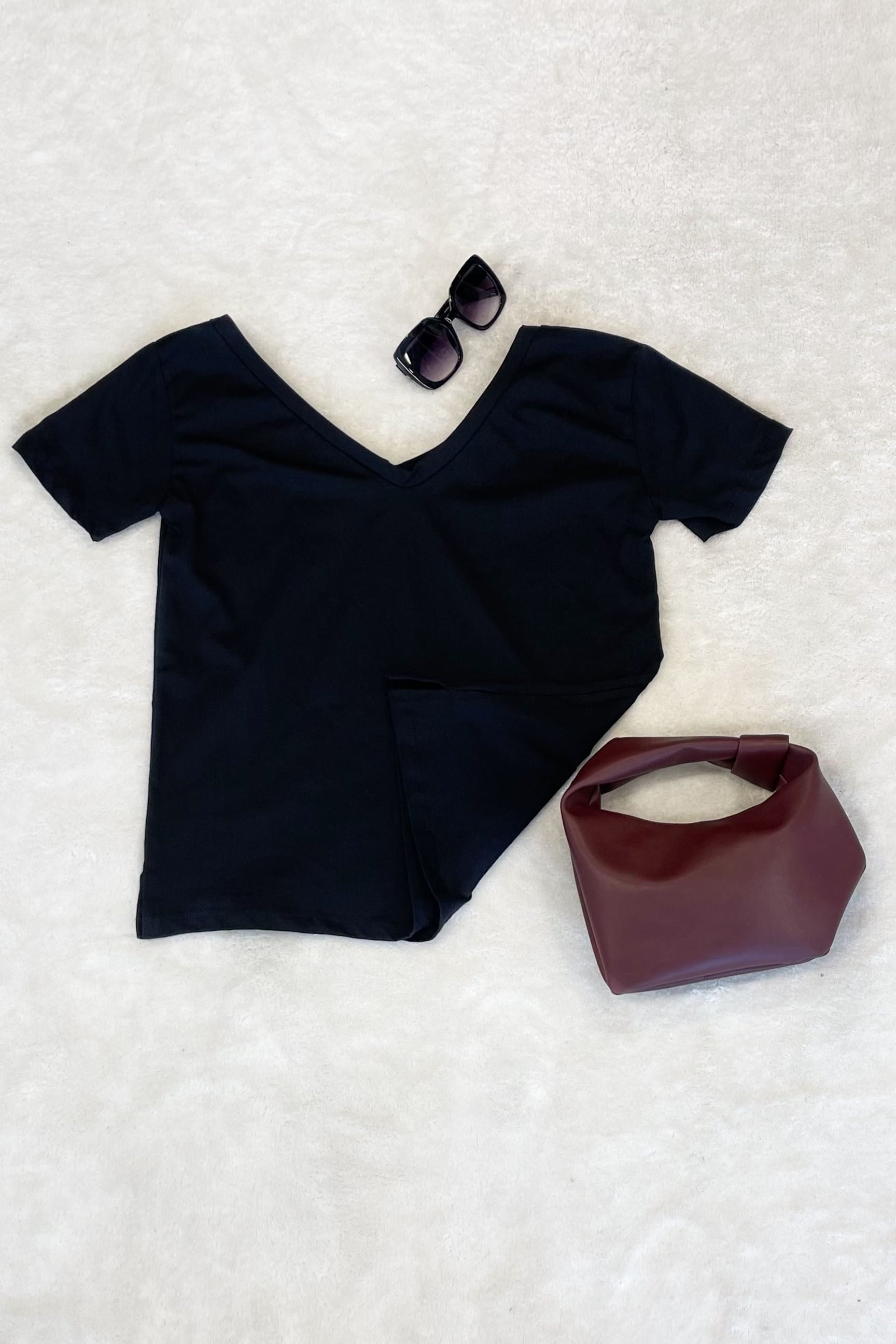 V Yaka Oversize Basic Tsihirt - Siyah SİYAH