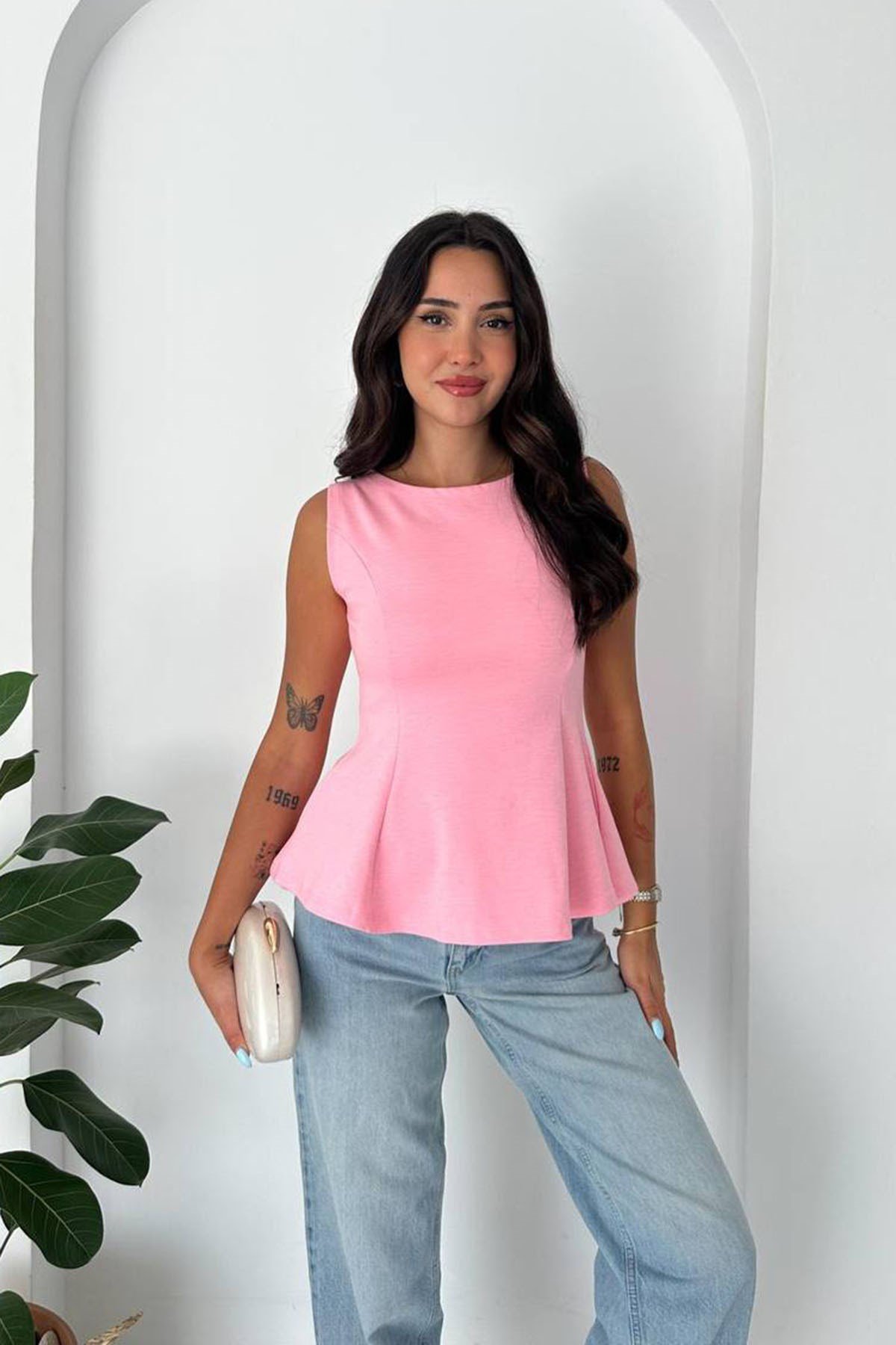 VOLANLI SIFIR KOL BLUZ PEMBE
