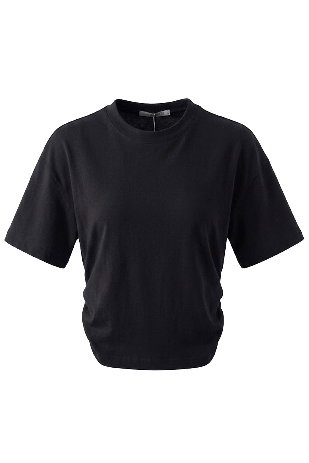 Yan Büzgü Detay Bisiklet Yaka T-shirt SİYAH