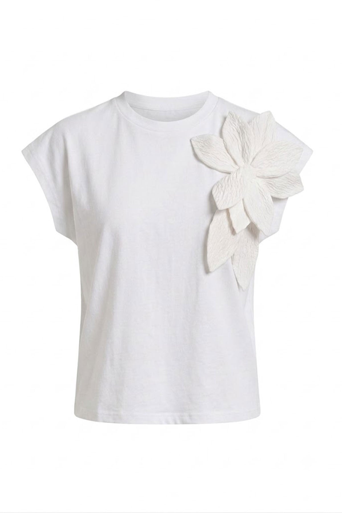 Yarım Kol Çiçek Kabartmalı T-shirt EKRU