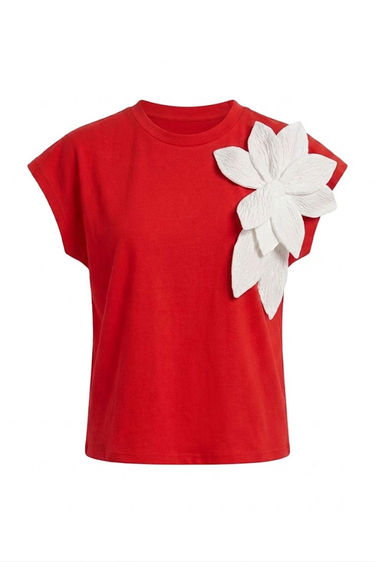 Yarım Kol Çiçek Kabartmalı T-shirt KIRMIZI