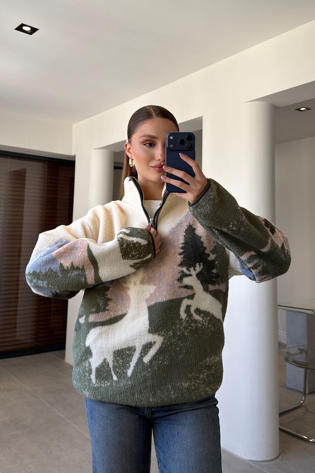 Yeşil - Yarım Fermuar Geyik Desenli Sweat YEŞİL