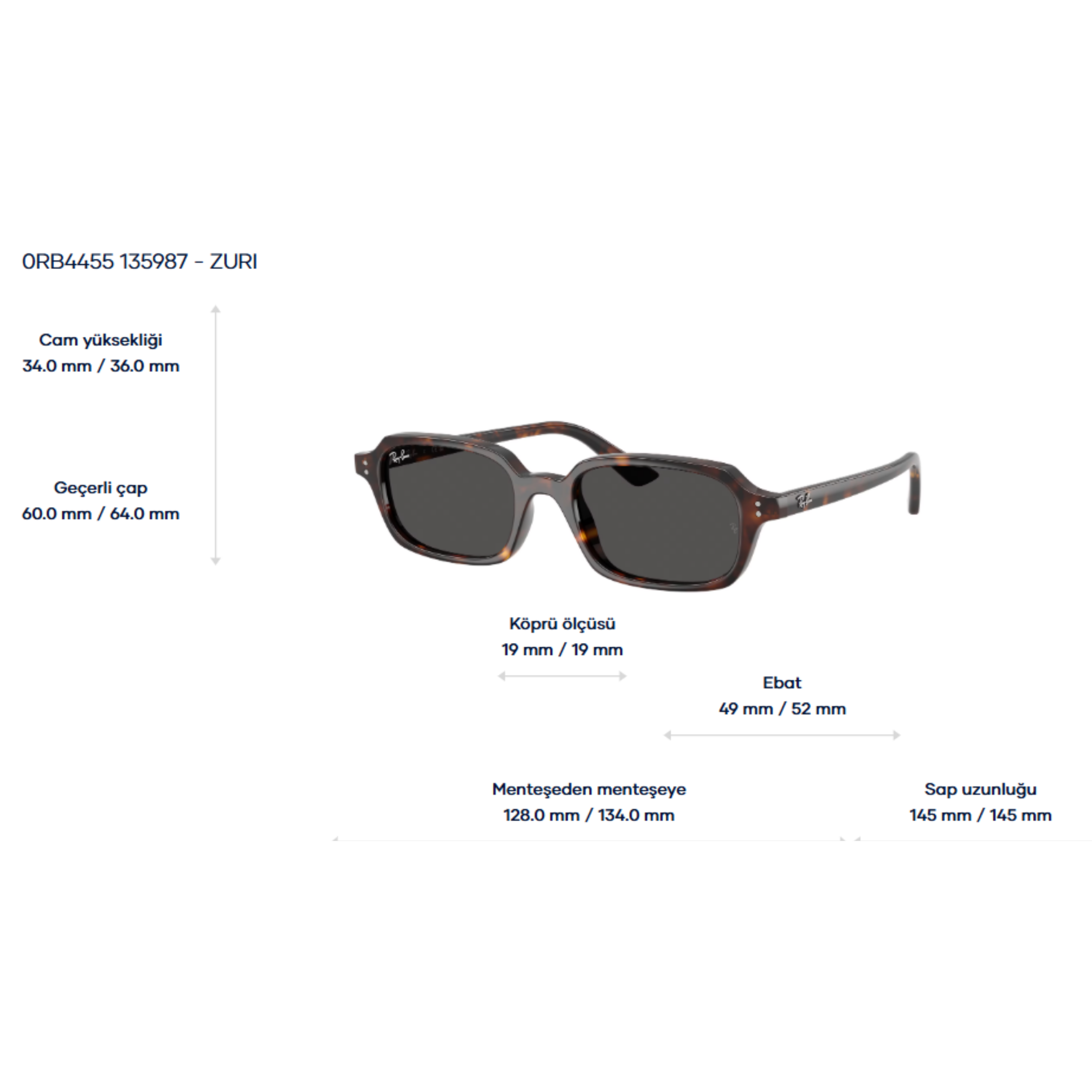 RAY-BANUnisex Güneş GözlüğüRAY-BAN 4455 Zuri 135987 49-19-145 G