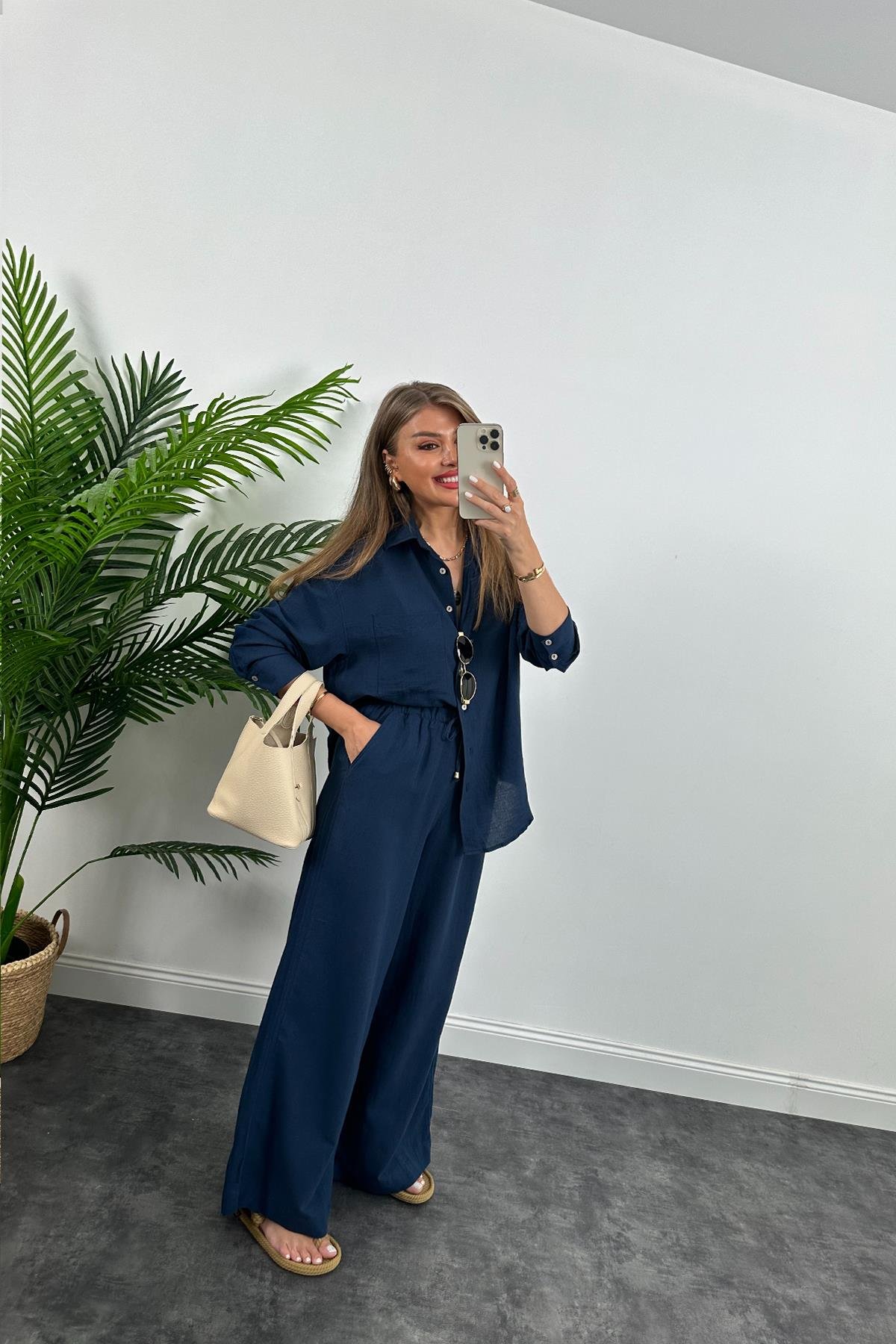 1. Sınıf Kalite Oysh Model %100 Keten Palazzo Gömlek Takım Lacivert 