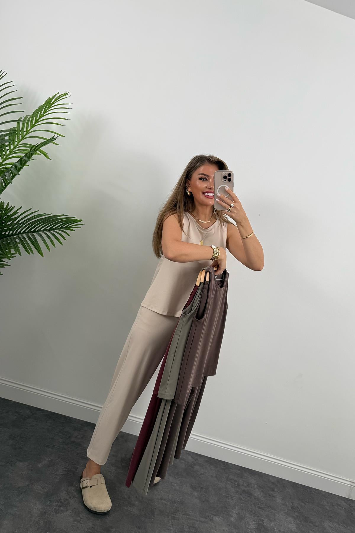 1. Sınıf Kalite Pike Modal Kumaş Pantolon Bluz Likralı Takım Kahverengi