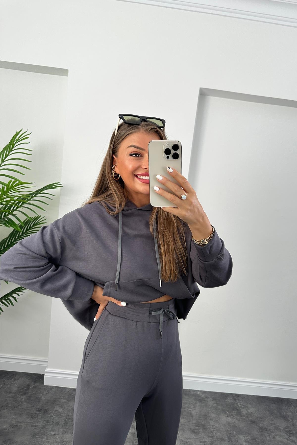 1. Sınıf Kalite Oysho Kumaş Ultra Yüksek Bel Eşofman Takımı Antrasit