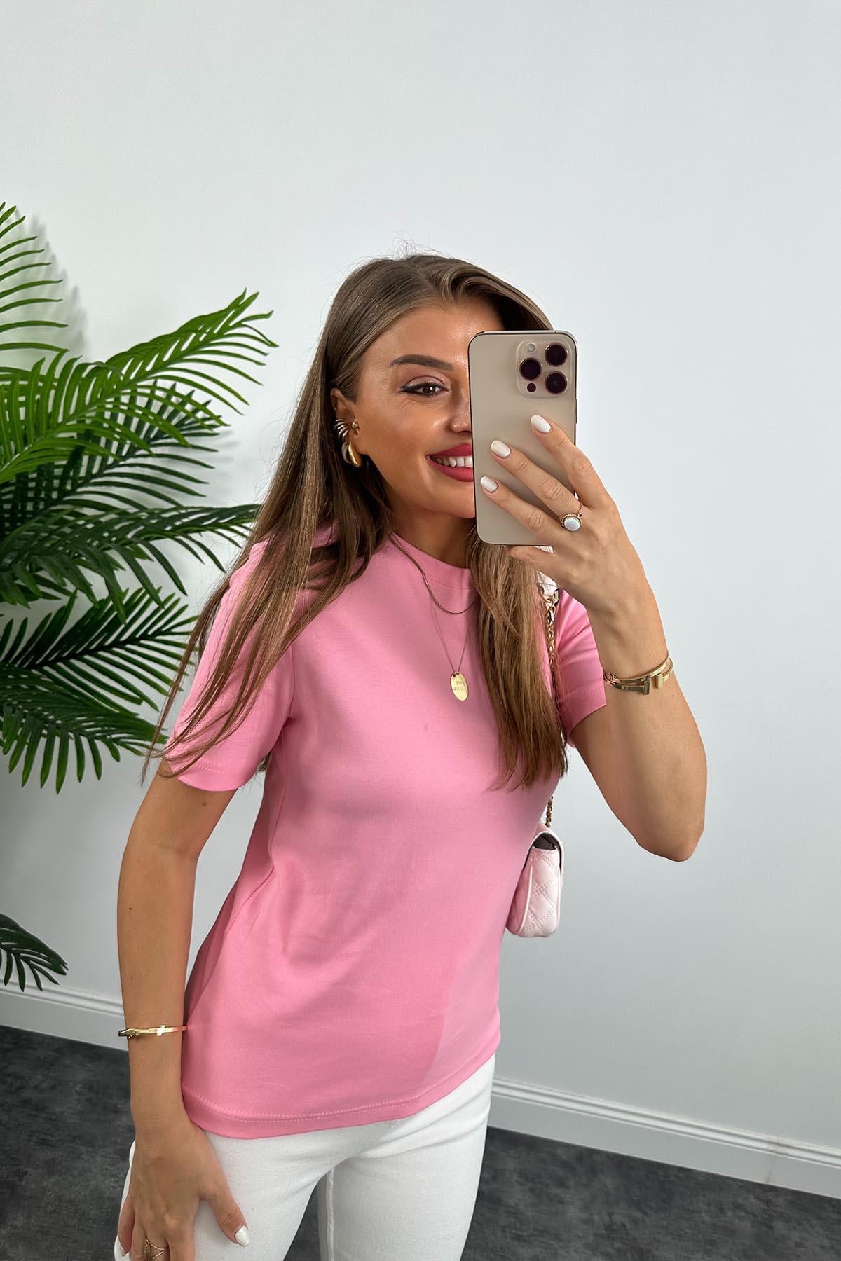 1. Sınıf Kalite Massimo Model %100 Pamuklu Lüx Basic Tshirt Pembe