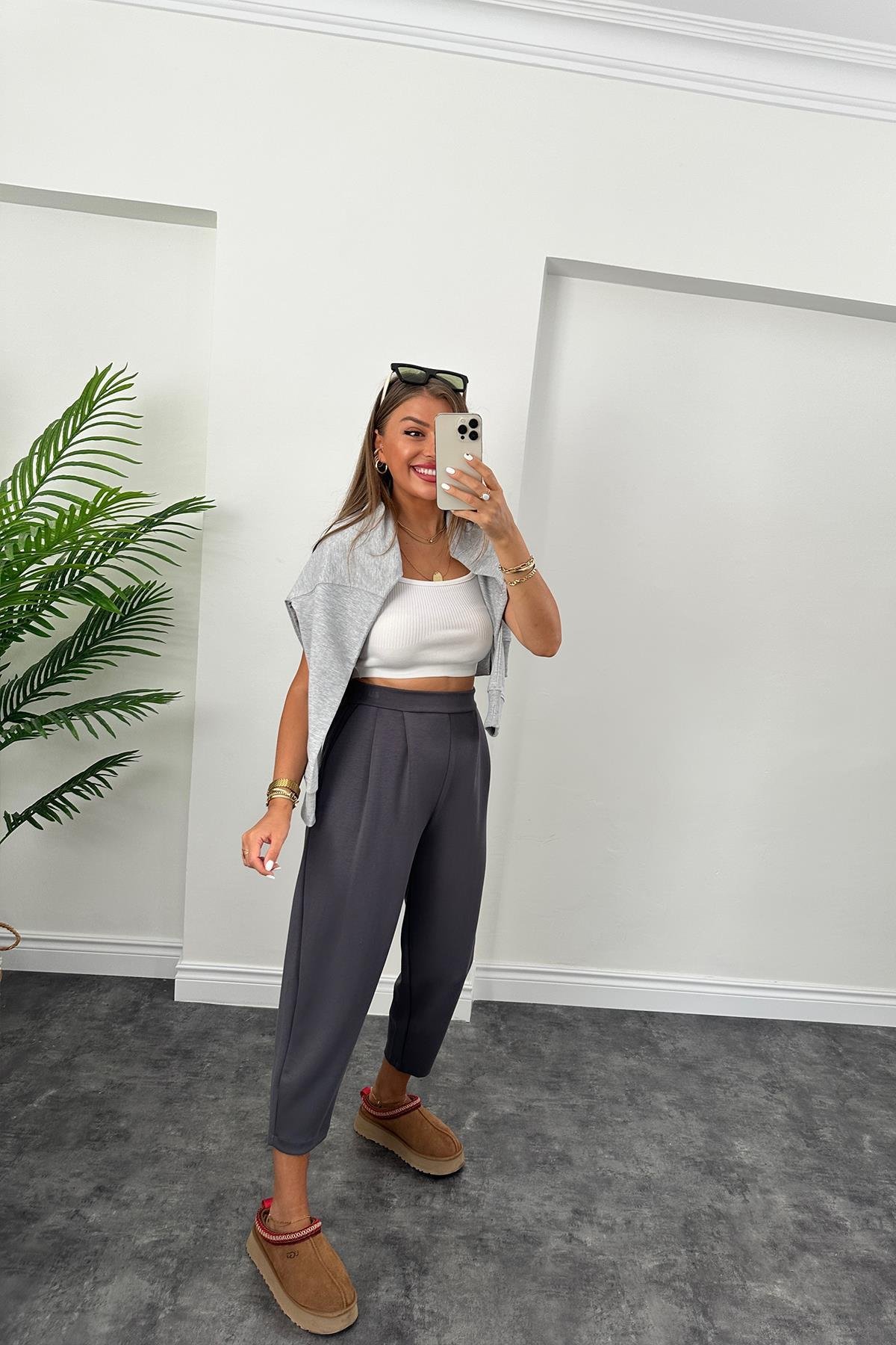 1. Sınıf Kalite Oysho Kumaş Beli Lastikli Harem Pantolon Antrasit