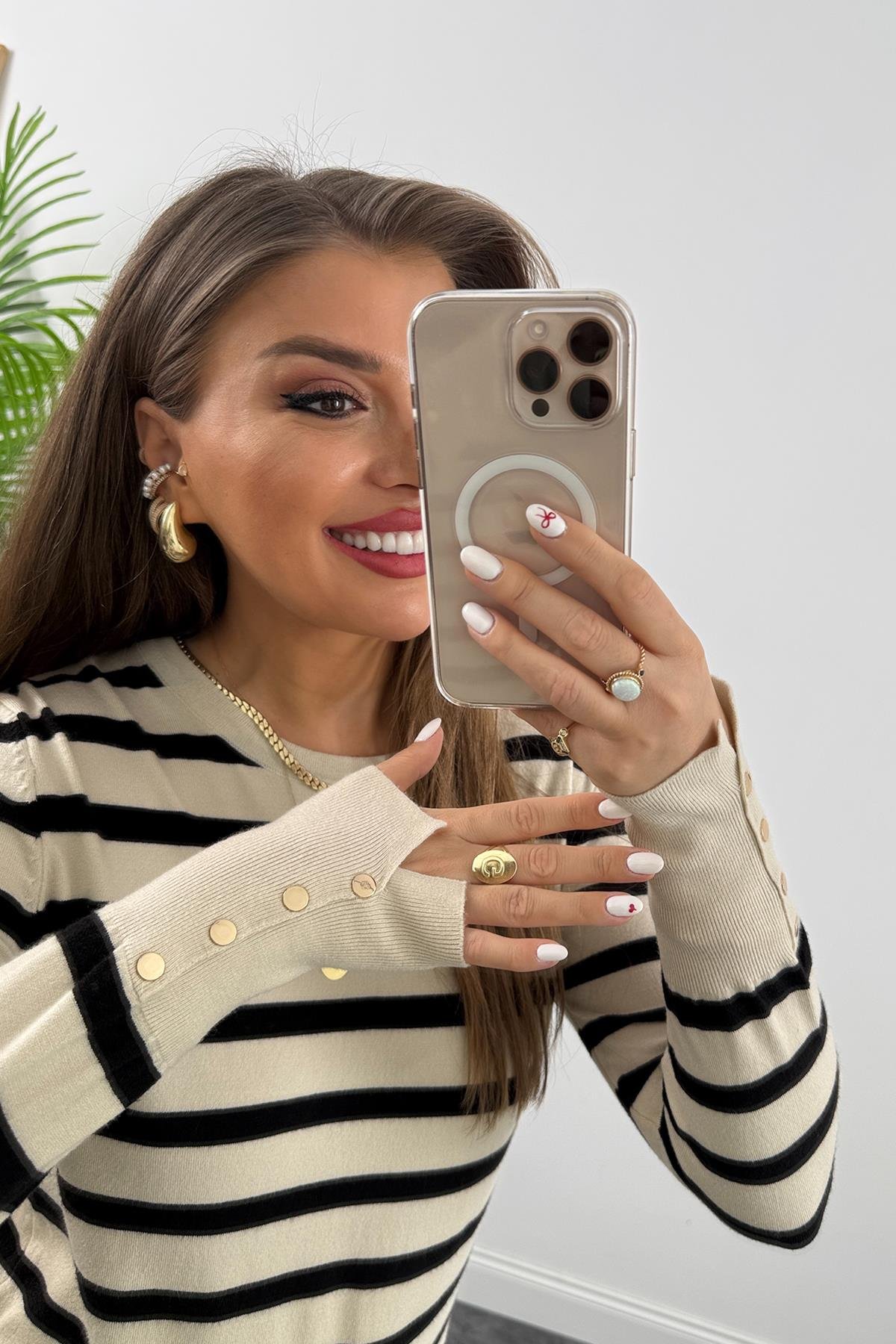 1. Sınıf Kalite Kaşmir Dokulu Kolu Gold Düğmeli İnce Marin Triko Taş