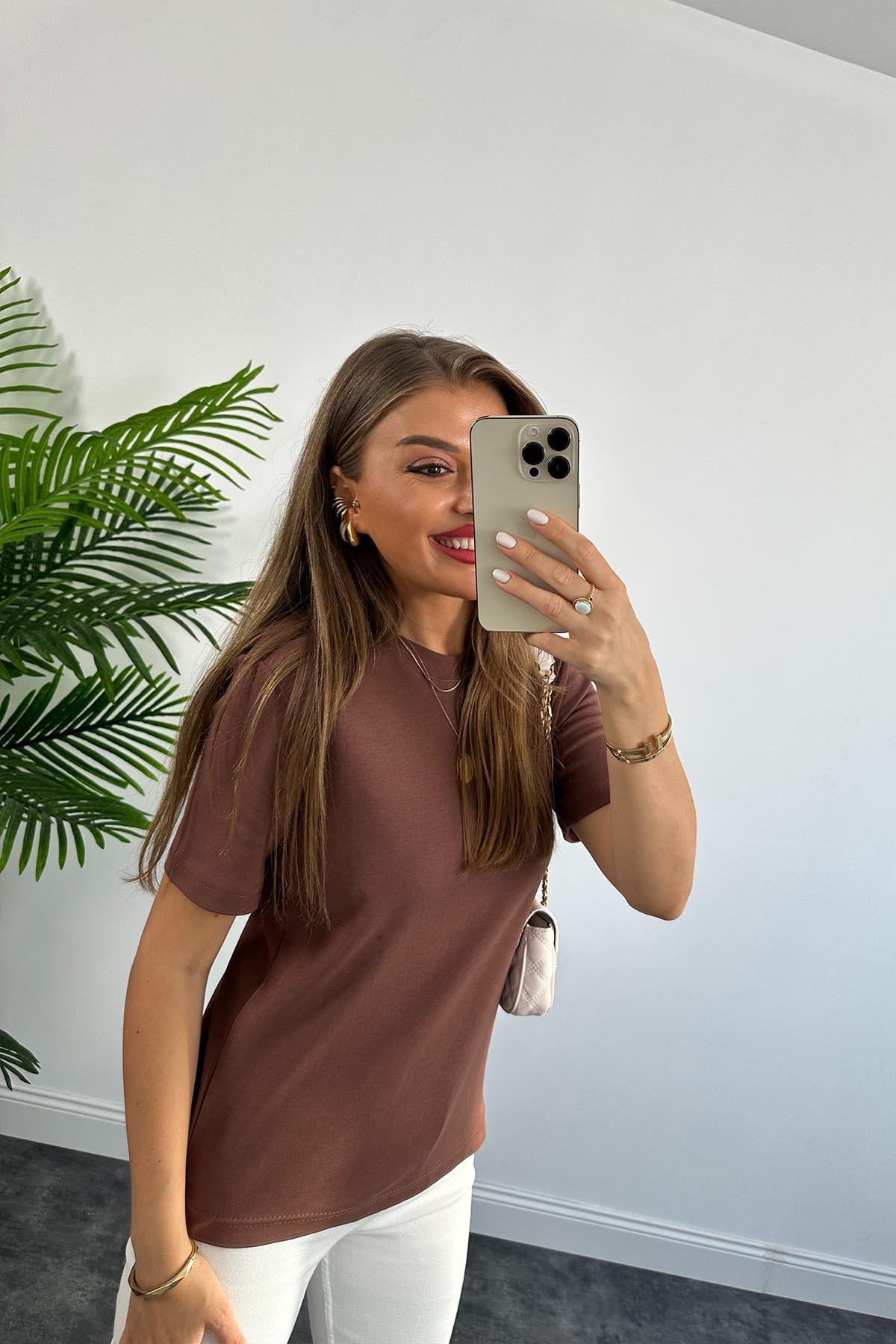 1. Sınıf Kalite Massimo Model %100 Pamuklu Lüx Basic Tshirt Kahverengi