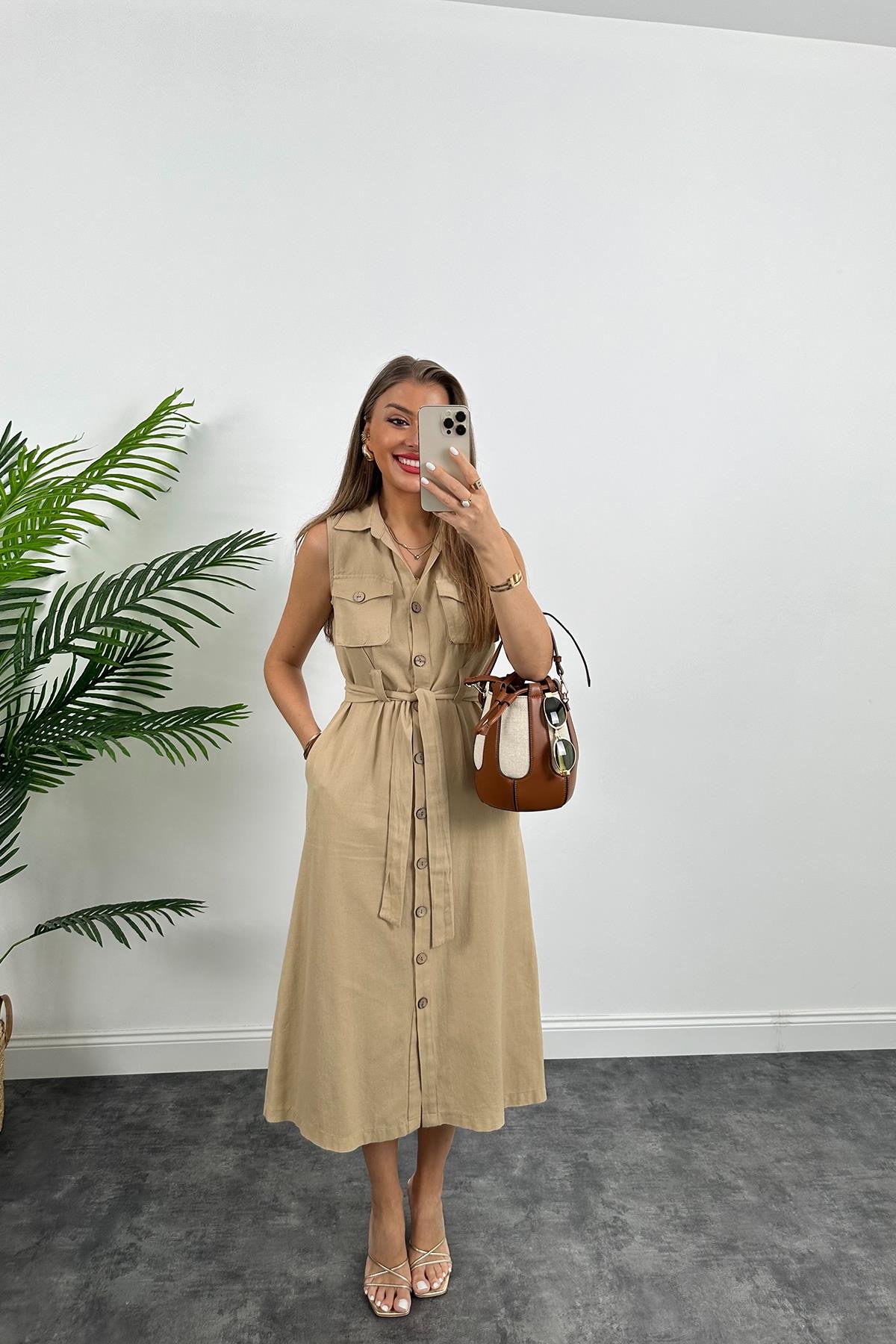 1. Sınıf Kalite Tok Keten Ahşap Düğmeli Midi Boy Elbise Bej