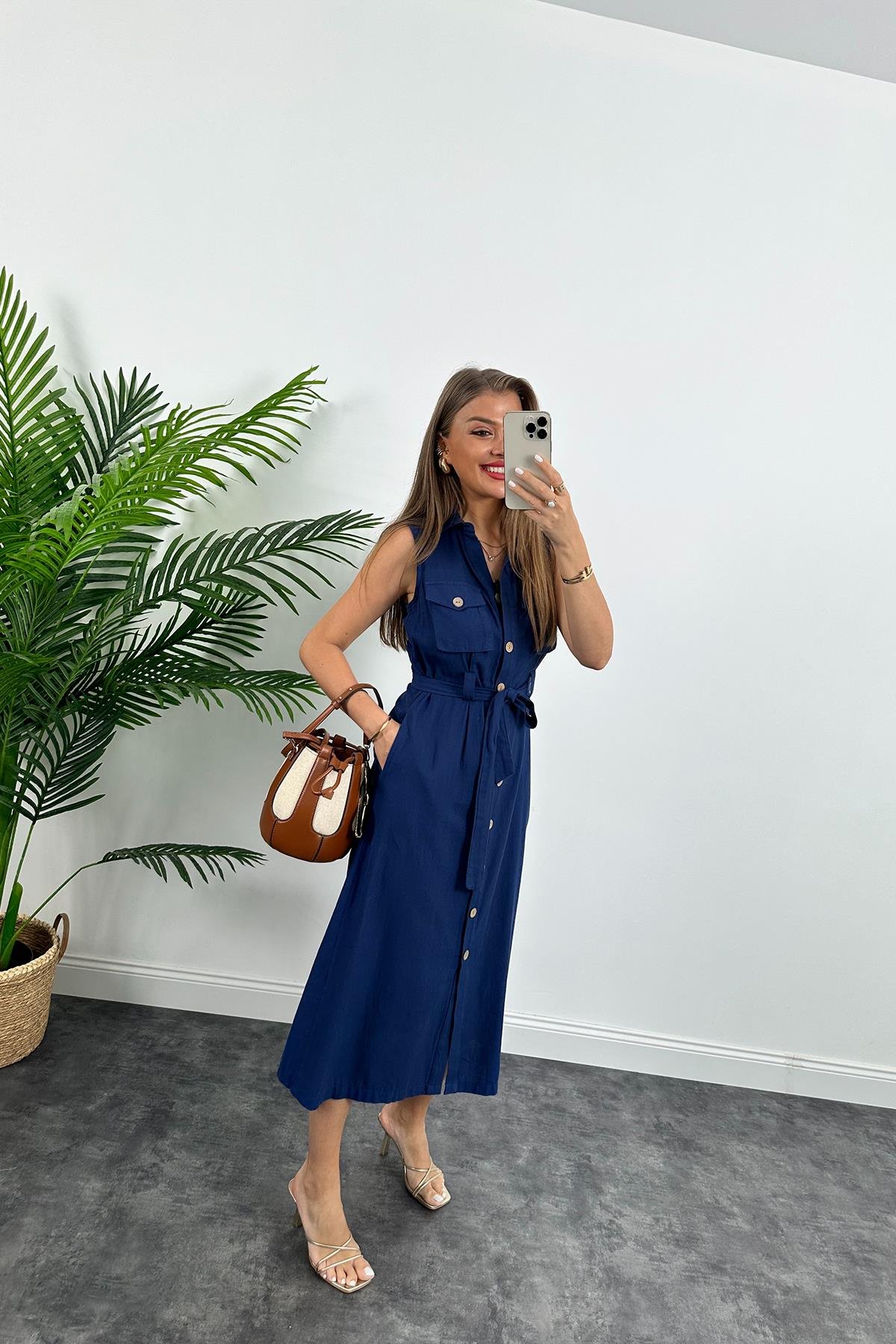 1. Sınıf Kalite %100 Pamuklu Keten Ahşap Düğmeli Midi boy Kuşaklı Elbise Lacivert
