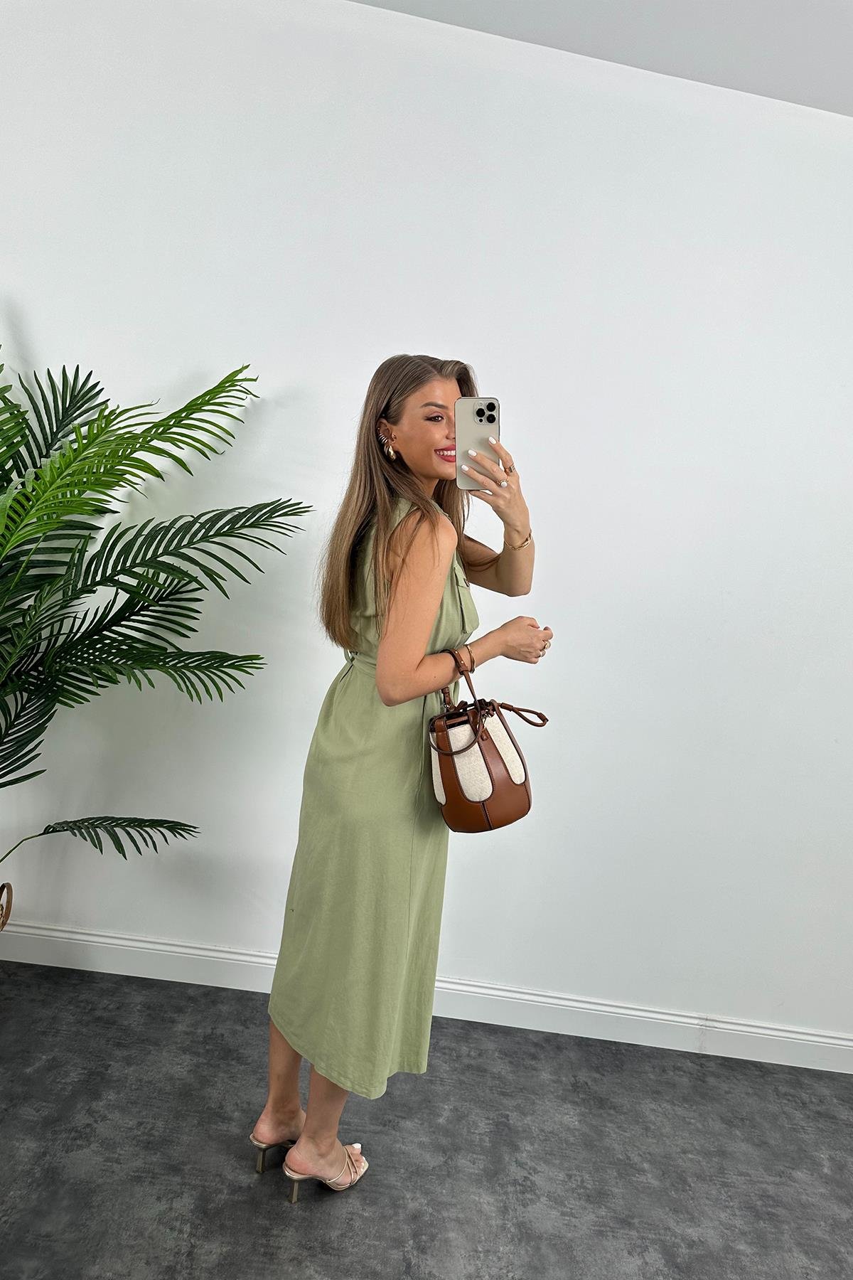 1. Sınıf Kalite Tok Keten Ahşap Düğmeli Midi Boy Elbise Haki