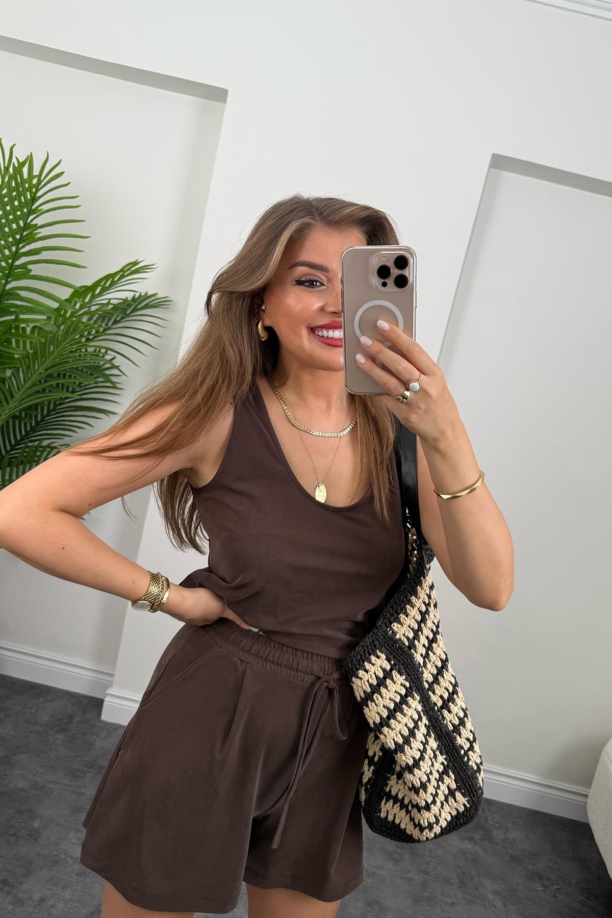 1. Sınıf Kalite İthal Pike Modal Kumaş Atlet Şort Takım Kahverengi