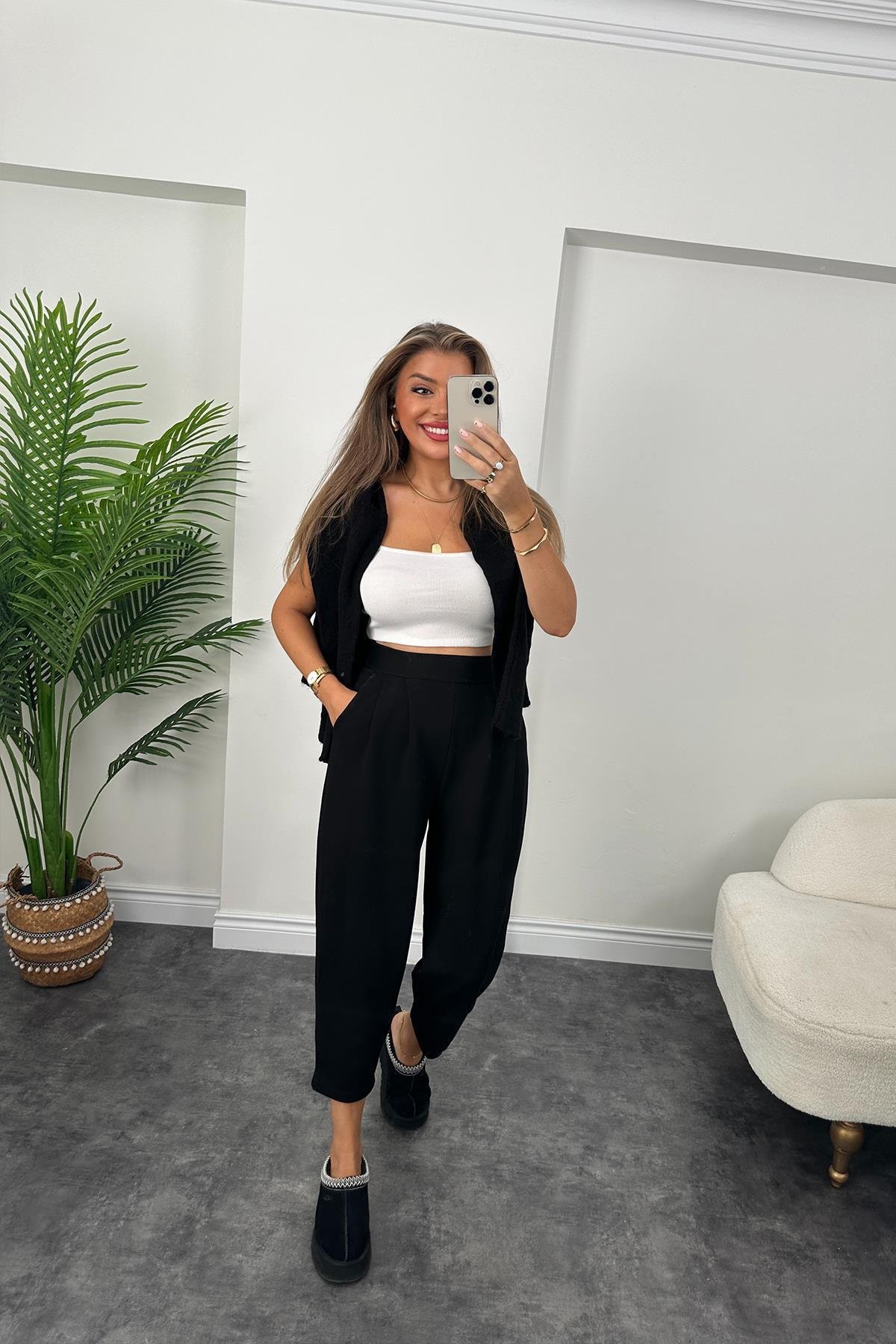 1. Sınıf Kalite Oysh Kumaş Beli Lastikli Harem Pantolon Siyah 