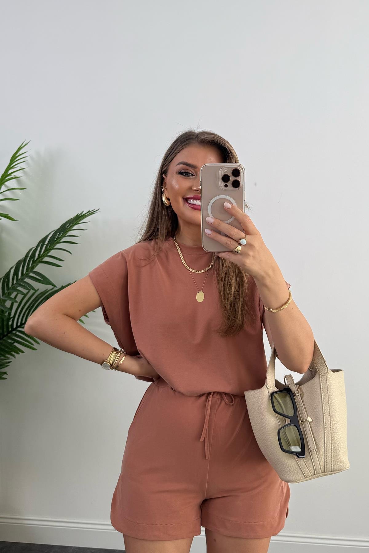 1. Sınıf Kalite İthal Pike Modal Kumaş Kısa Kollu Şort Takım Somon