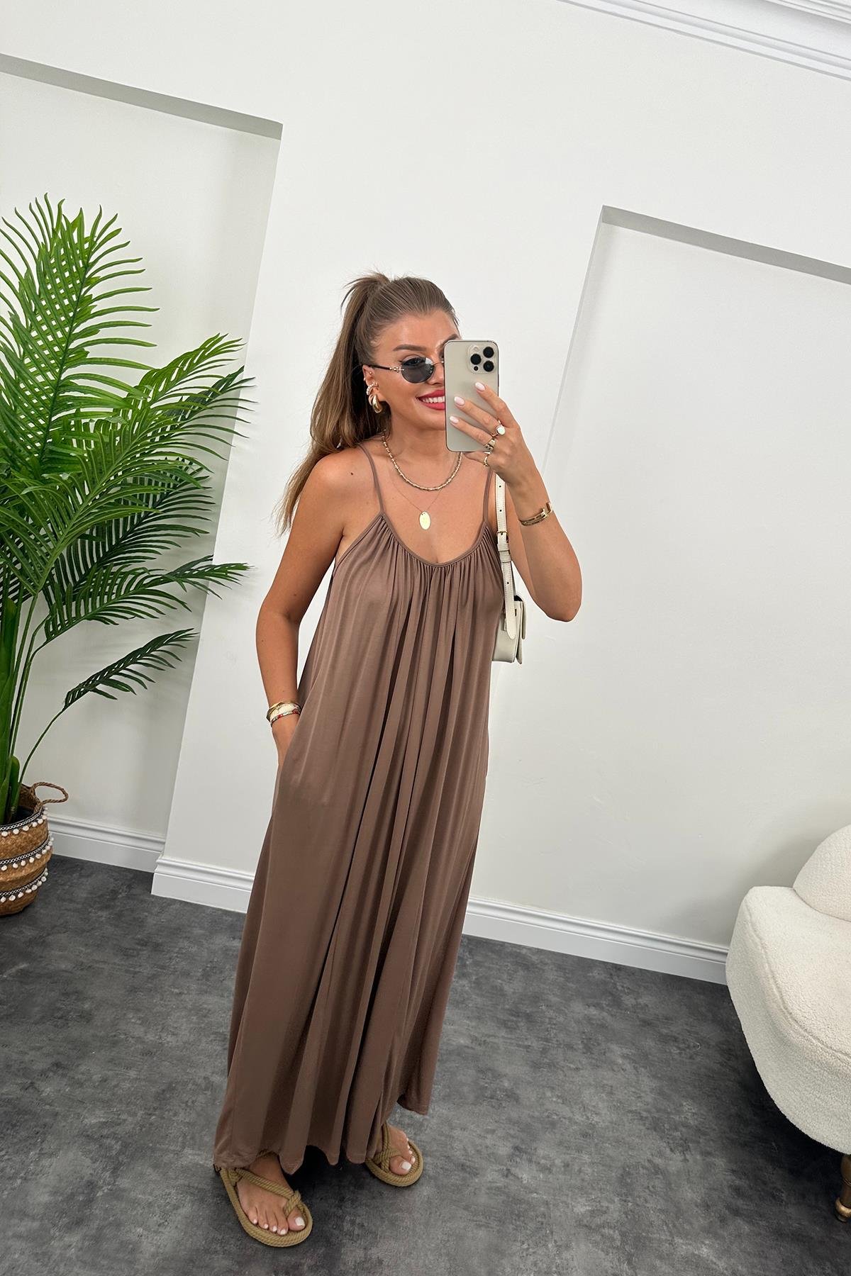 1. Sınıf Kalite İthal Oysho Kumaş Cepli Maxi Elbise Kahverengi