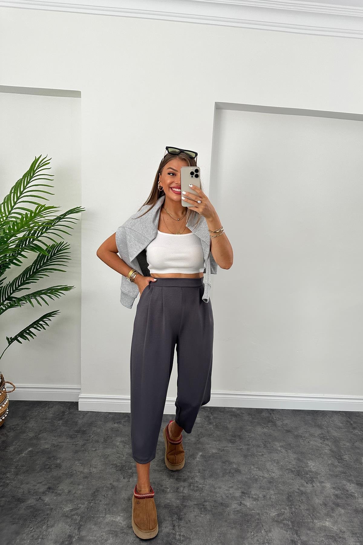 1. Sınıf Kalite Oysho Kumaş Beli Lastikli Harem Pantolon Antrasit