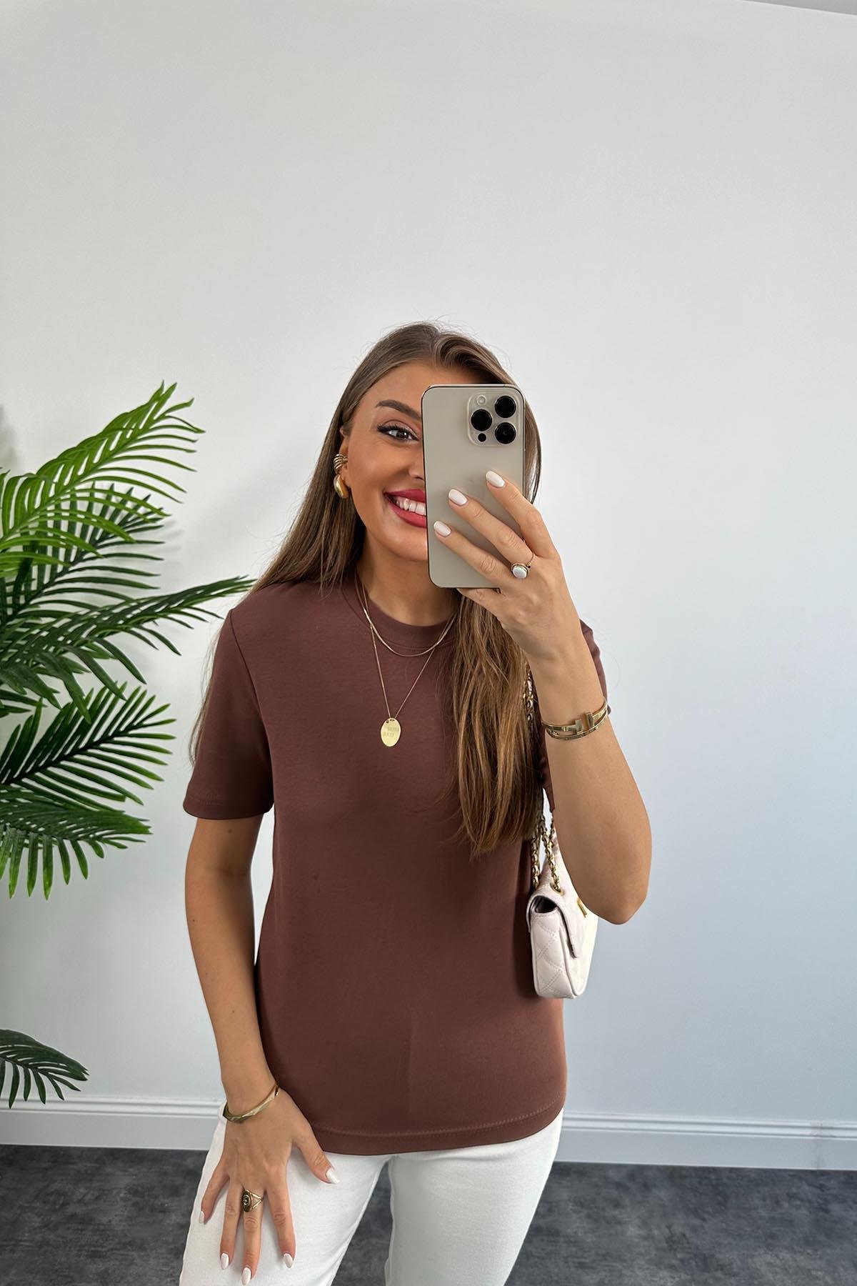 1. Sınıf Kalite Massimo Model %100 Pamuklu Lüx Basic Tshirt Kahverengi