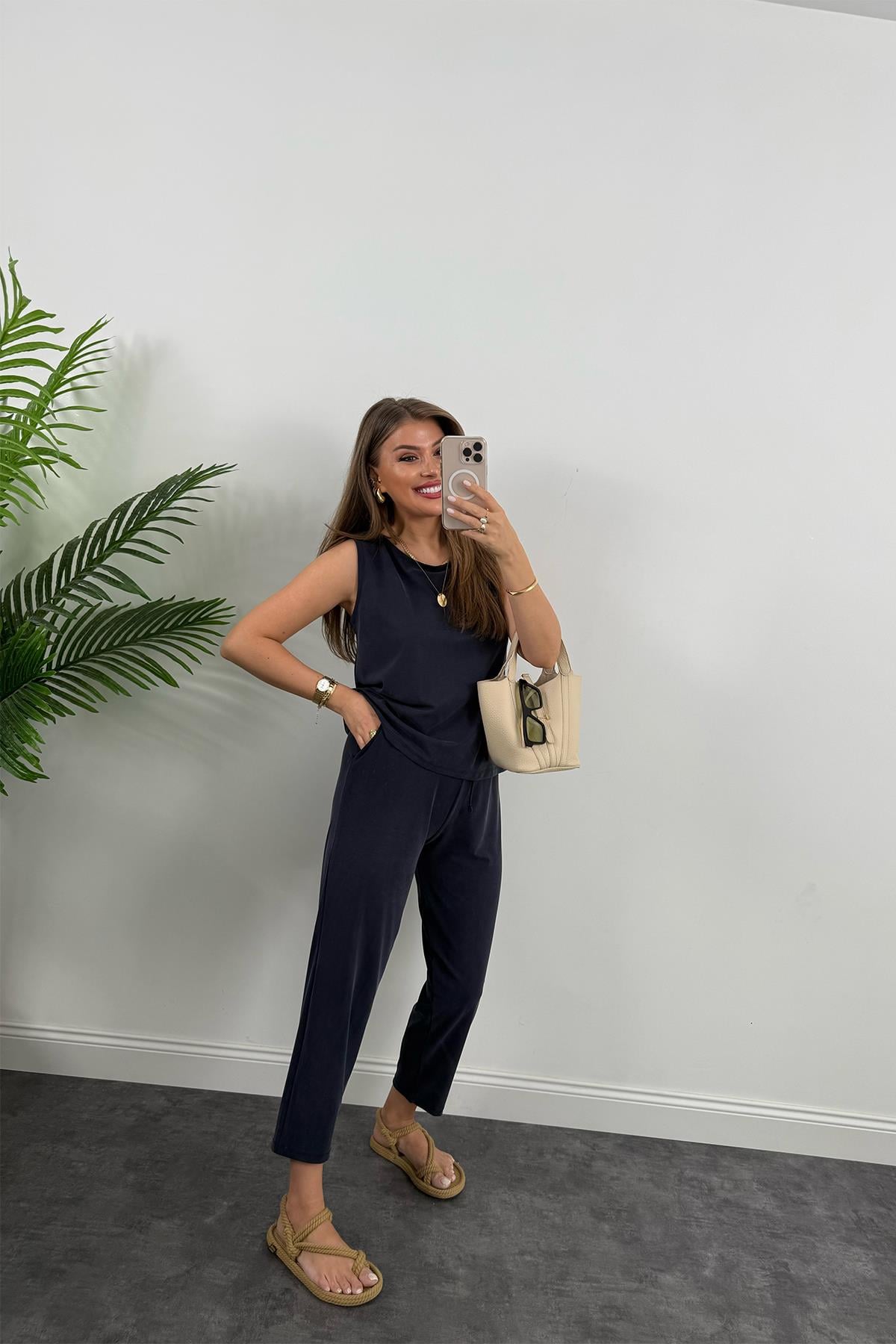 1. Sınıf Kalite Pike Modal Kumaş Pantolon Bluz Likralı Takım Lacivert