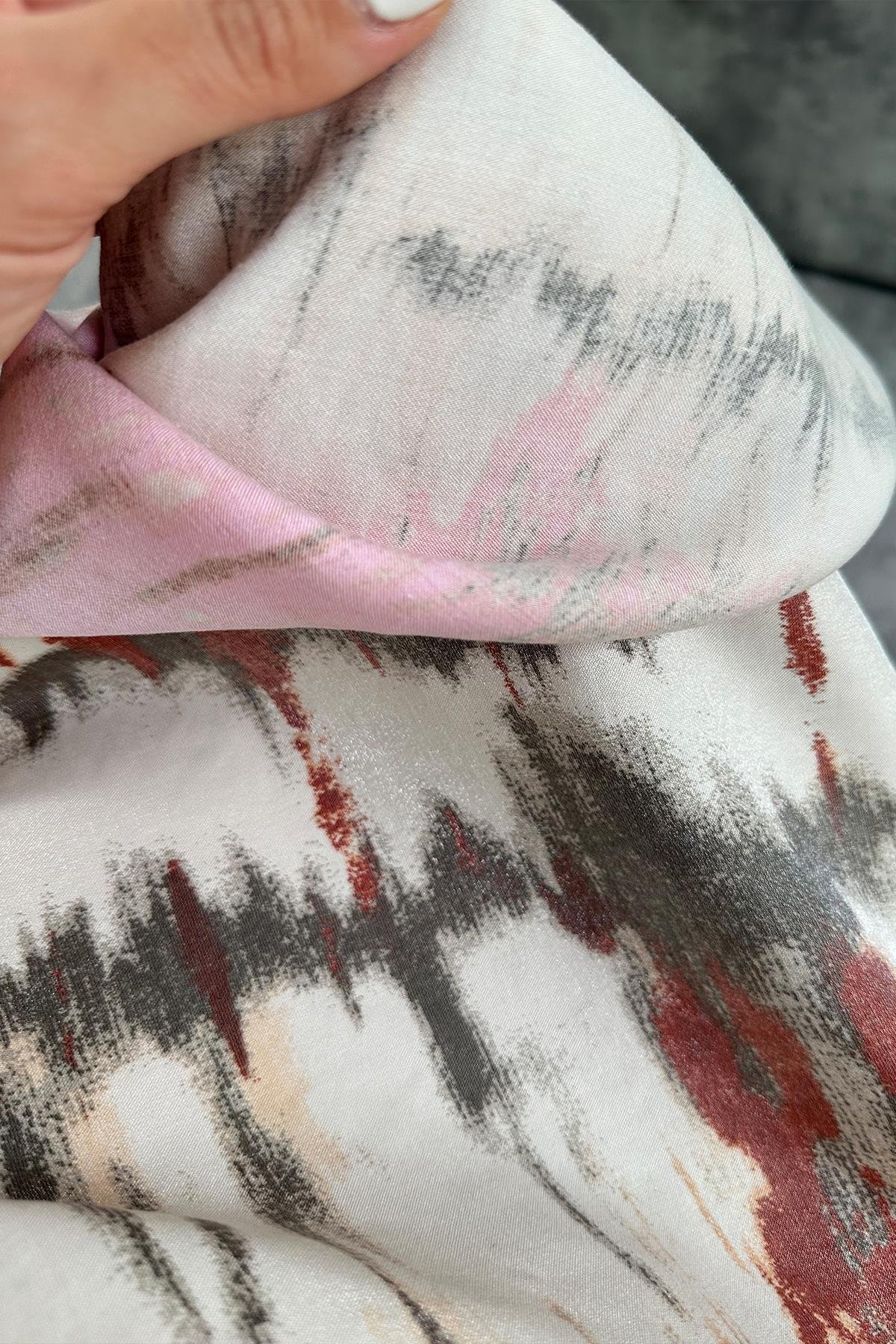 1. Sınıf Kalite Dışı Saten İçi Viskos Özel Dokulu Midi Boy Pembe Kızıl Desenli Etek