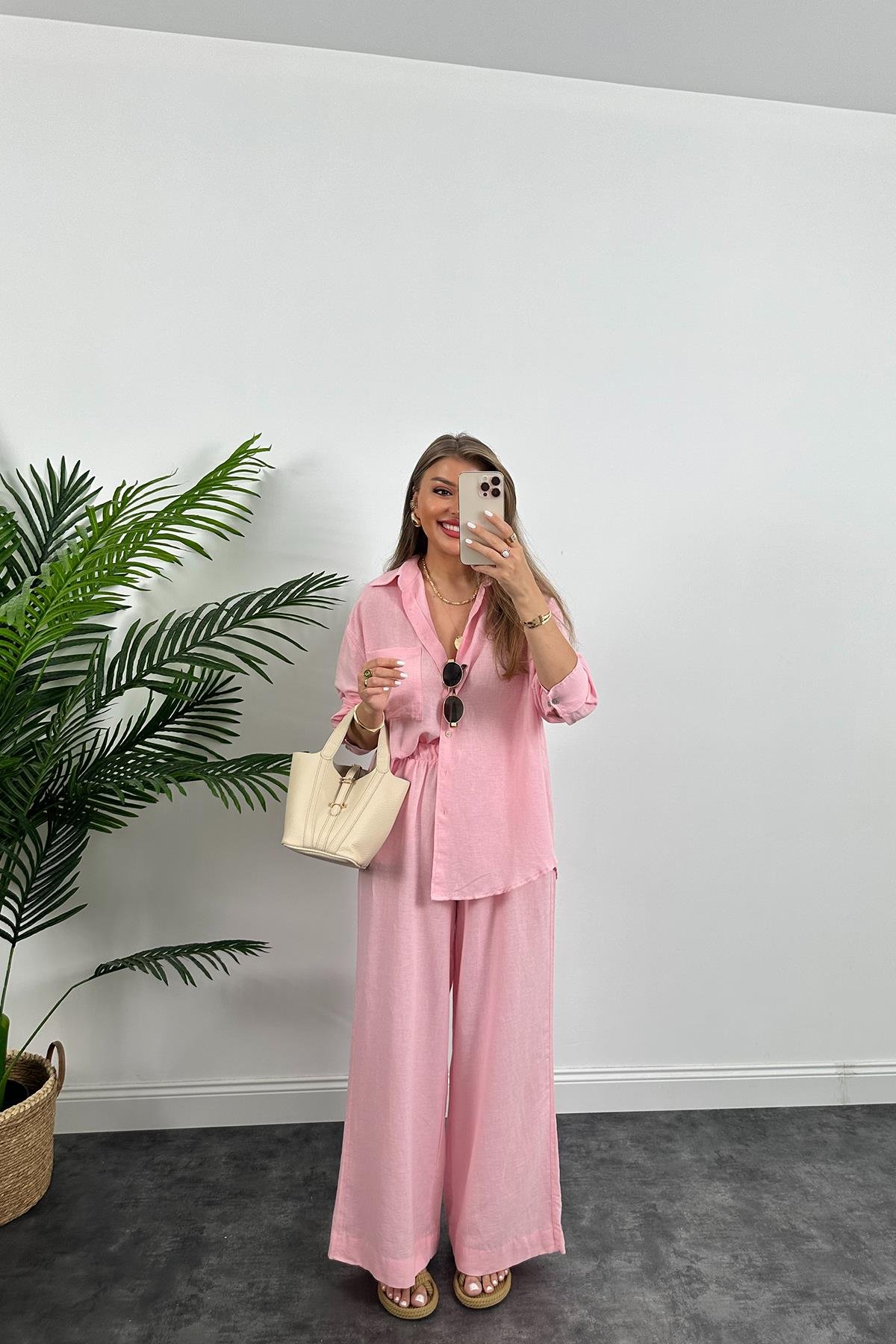 1. Sınıf Kalite Oysh Model %100 Keten Palazzo Gömlek Takım Pembe