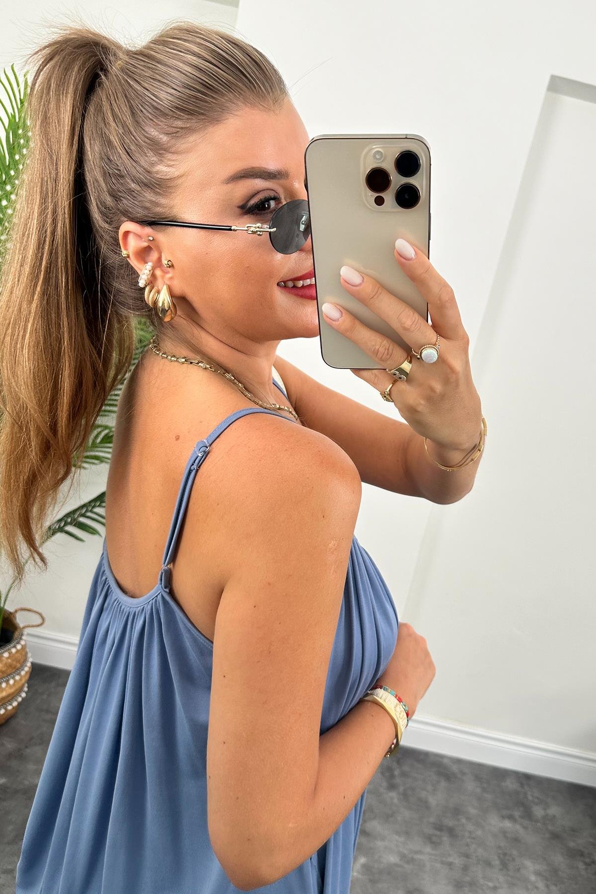 1. Sınıf Kalite İthal Oysho Kumaş Cepli Maxi Elbise İndigo Mavi