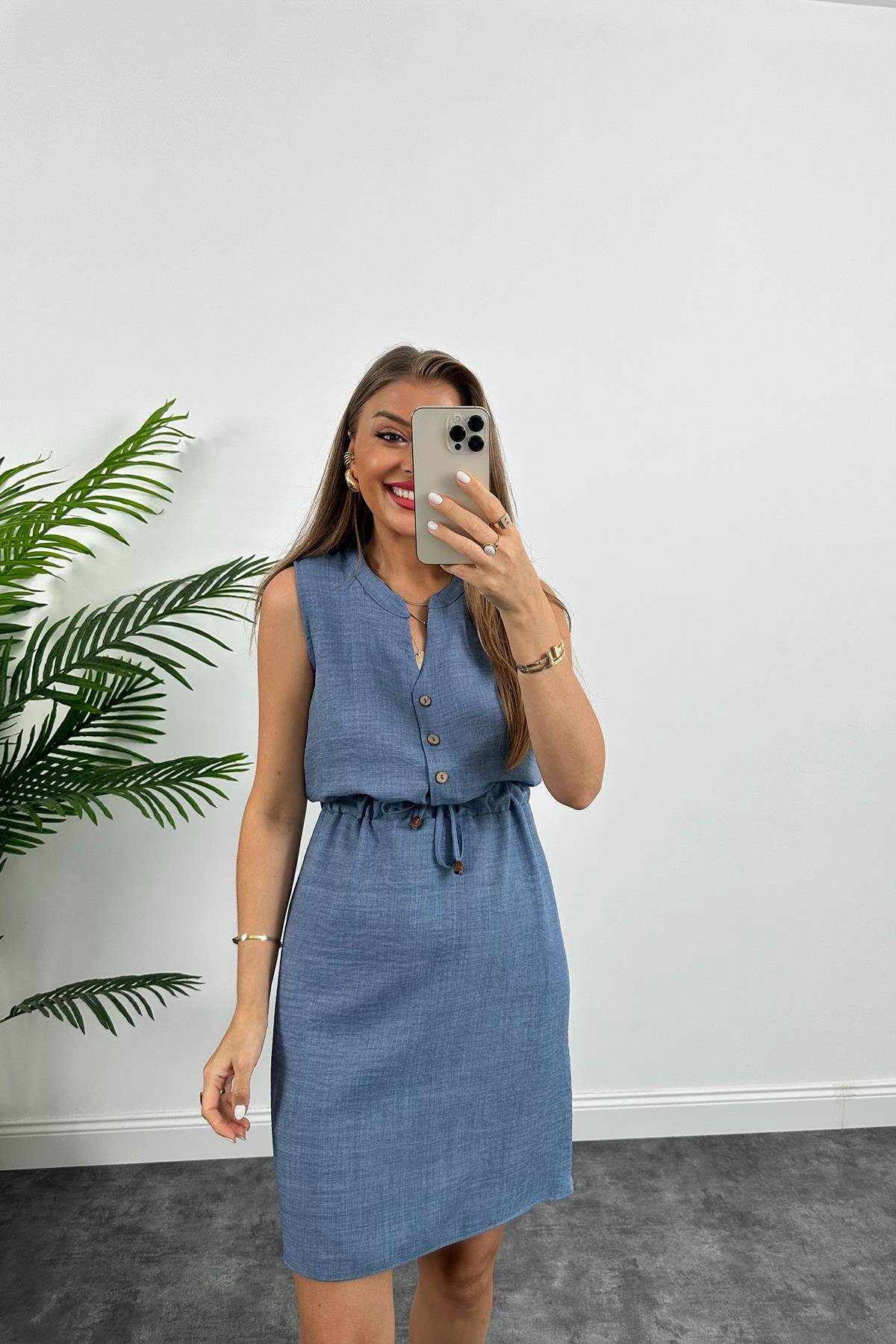 1. Sınıf Kalite Beli Lastikli Sıfır Kol Keten Elbise İndigo