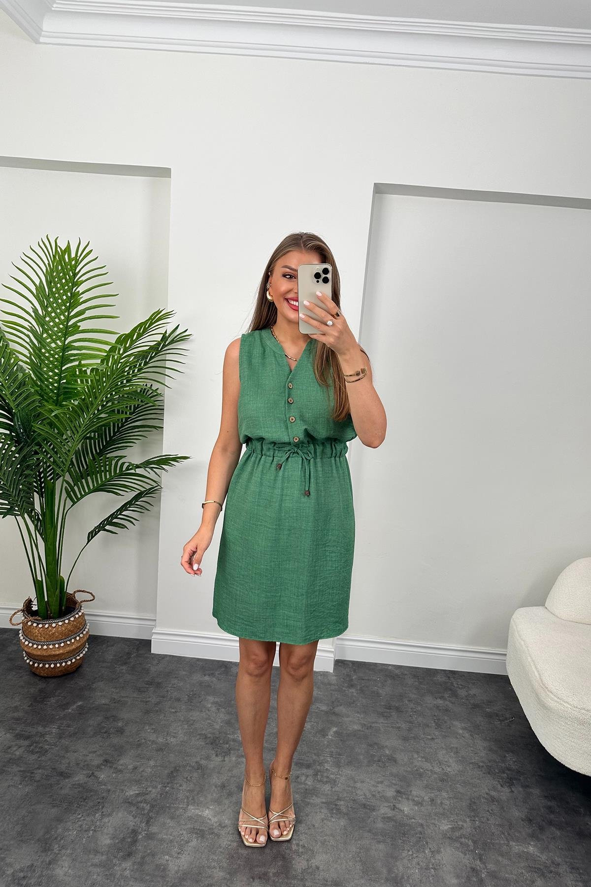 1. Sınıf Kalite Beli Lastikli Sıfır Kol Keten Elbise Yeşil