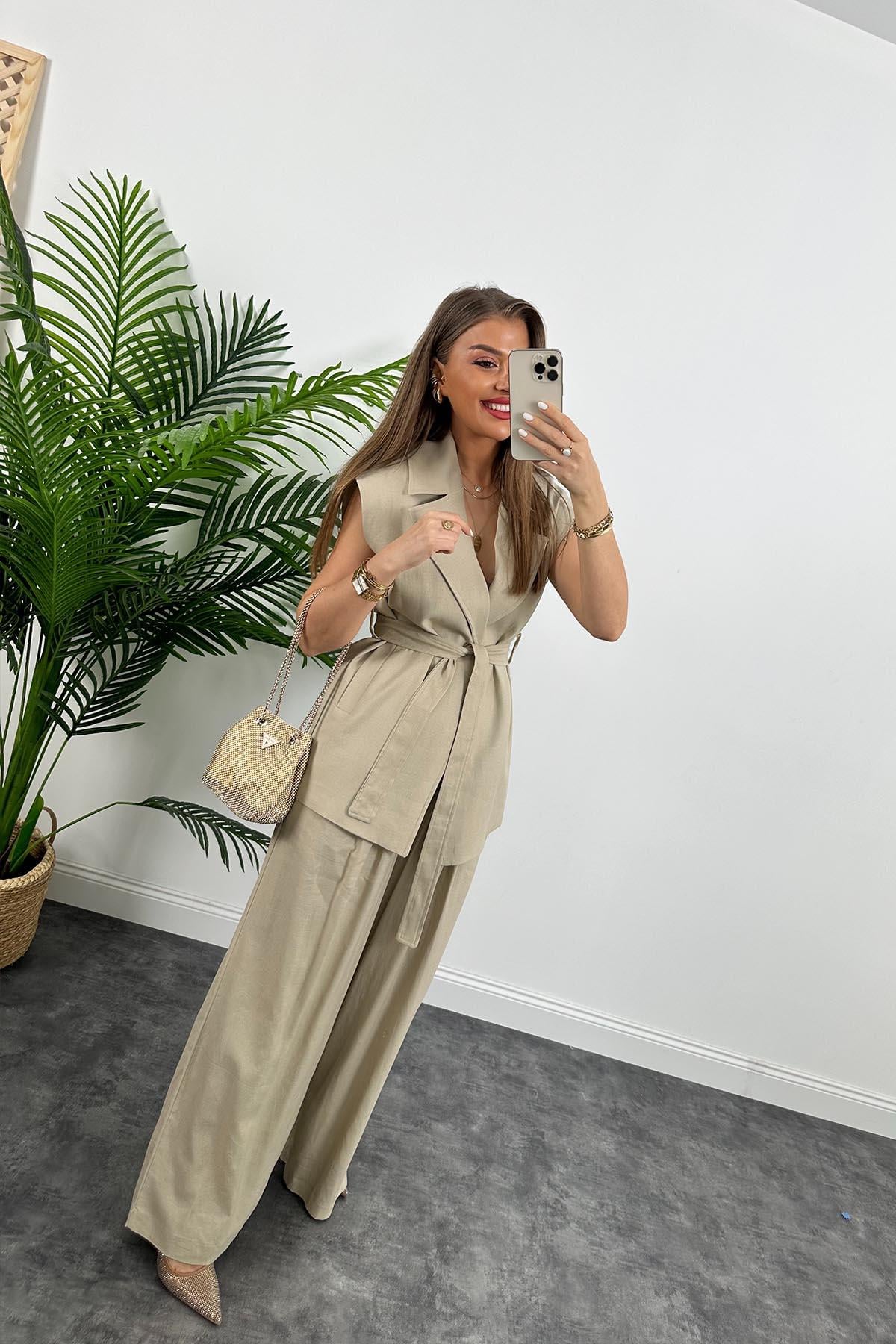 1. Sınıf Kalite Keten Kumaş Yelek Palazzo Pantolon Takım Taş