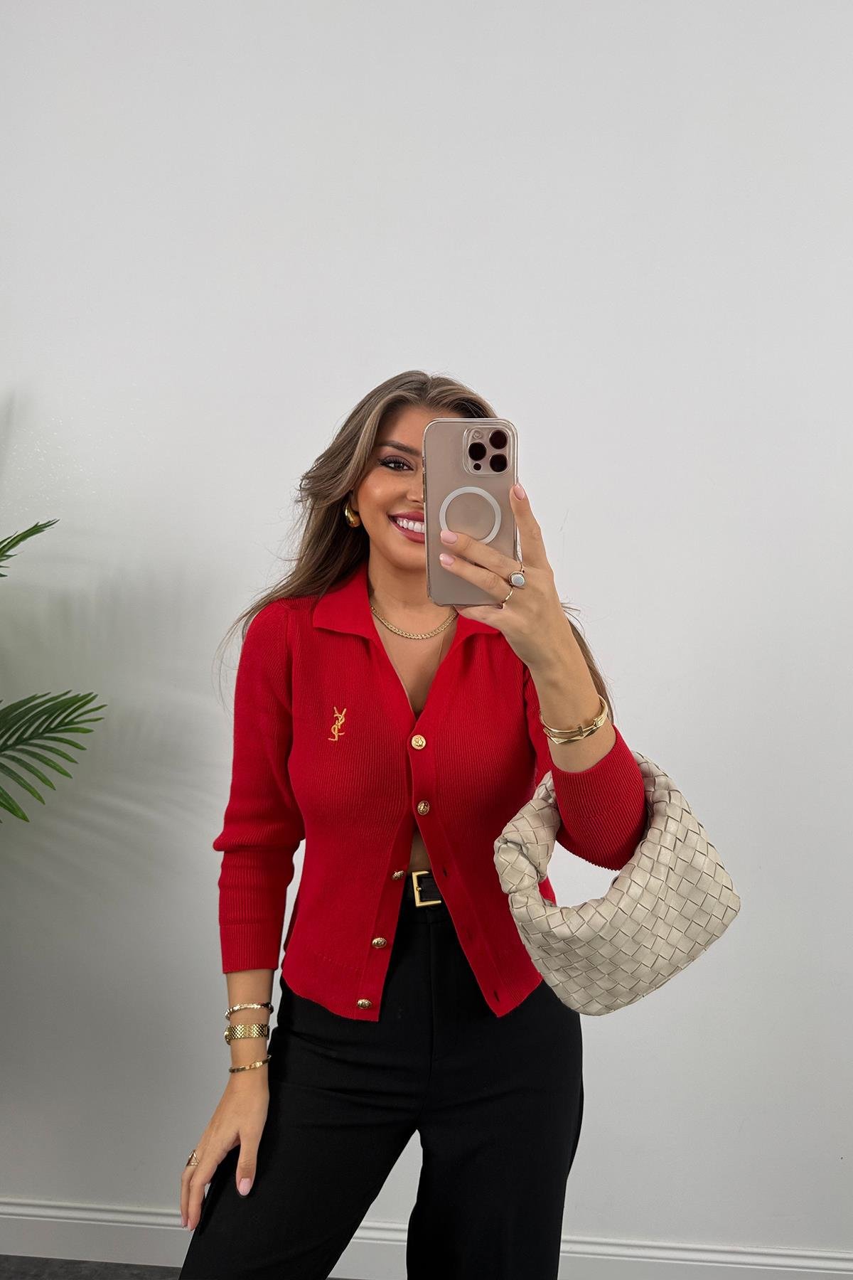 1. Sınıf Kalite Marka Model Gold Nakışlı Hırka Kırmızı