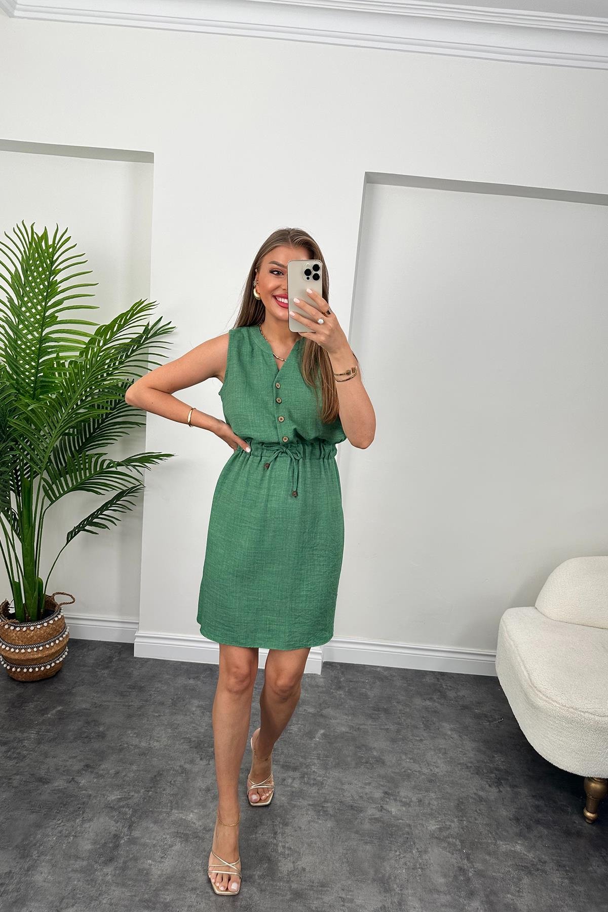 1. Sınıf Kalite Beli Lastikli Sıfır Kol Keten Elbise Yeşil