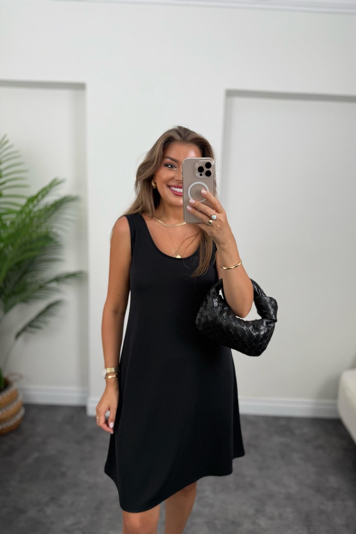 1. Sınıf Kalite Pike Modal Kumaş Sıfır Kol Basic Elbise Siyah