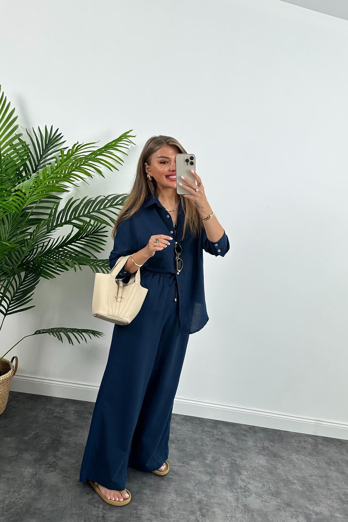 1. Sınıf Kalite Oysh Model %100 Keten Palazzo Gömlek Takım Lacivert 