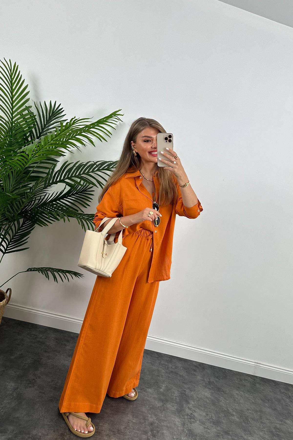 1. Sınıf Kalite Oysh Model %100 Keten Palazzo Gömlek Takım Turuncu