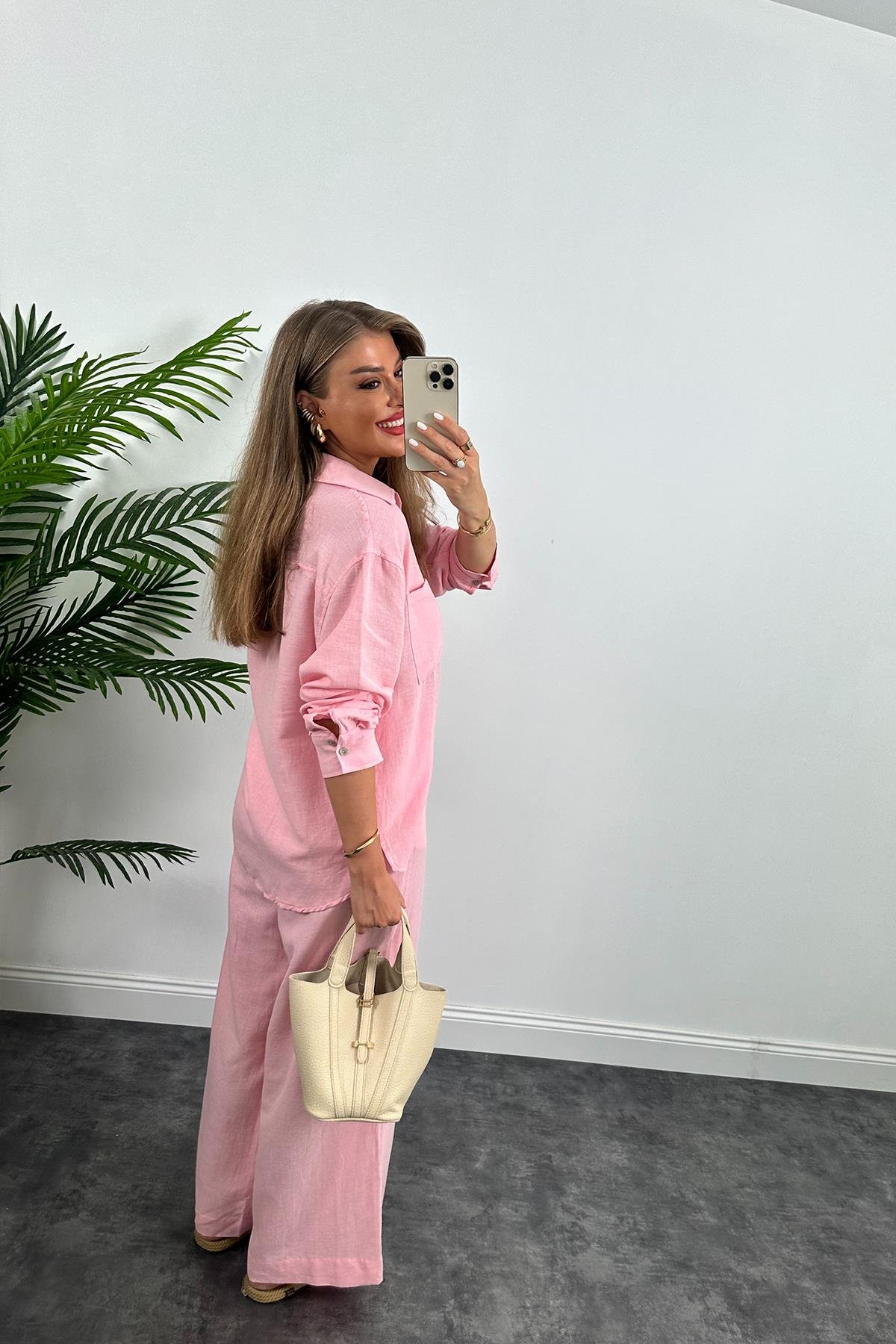 1. Sınıf Kalite Oysh Model %100 Keten Palazzo Gömlek Takım Pembe