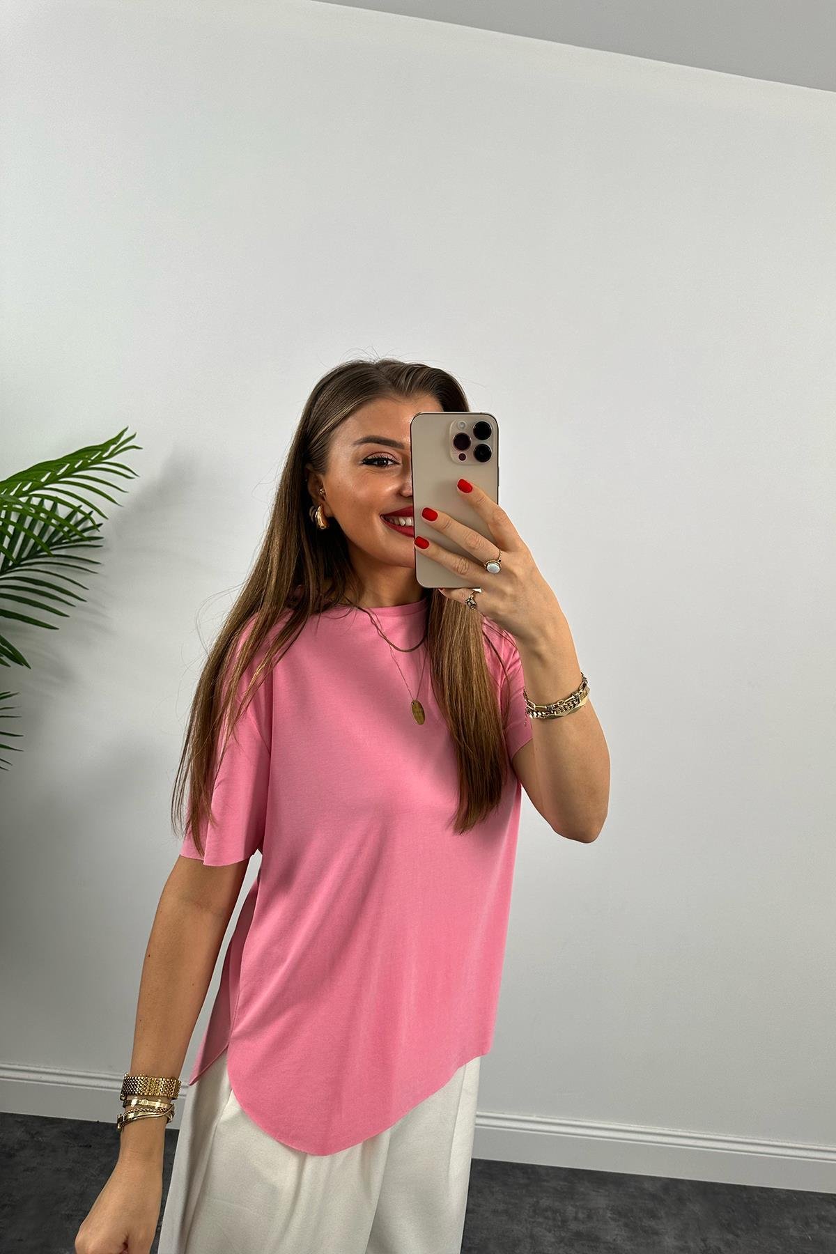 1. Sınıf Kalite Modal Kumaş Oysh Basic Tshirt Pembe