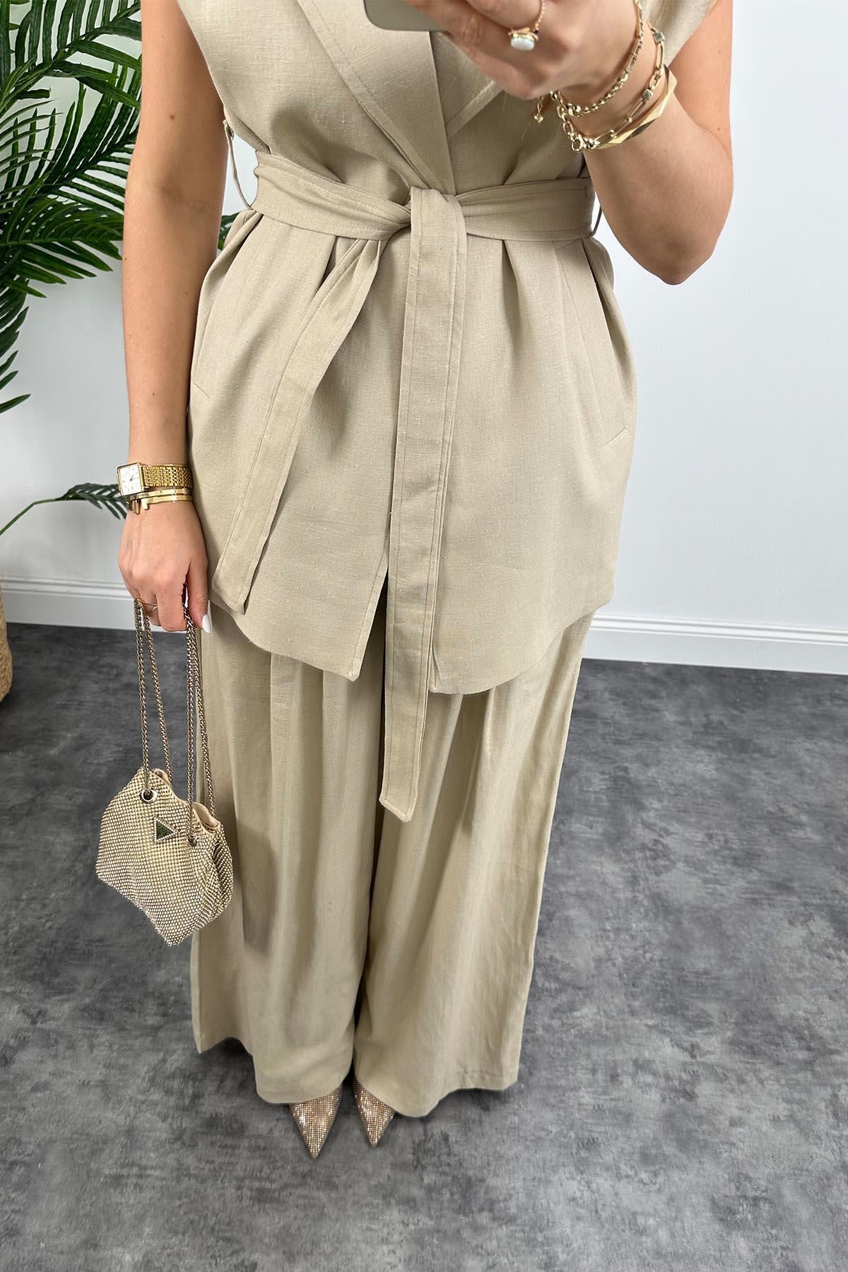 1. Sınıf Kalite Keten Kumaş Yelek Palazzo Pantolon Takım Taş