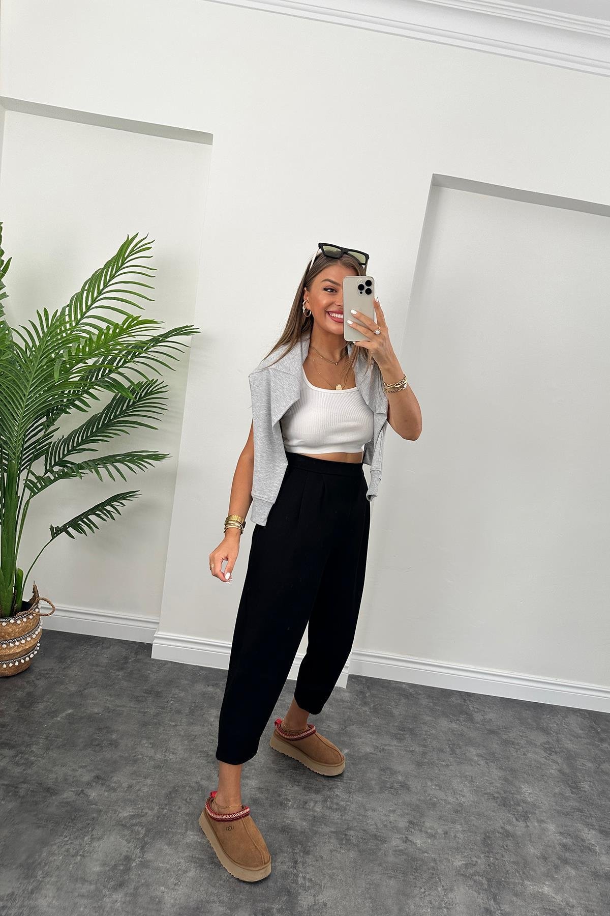 1. Sınıf Kalite Oysho Kumaş Beli Lastikli Harem Pantolon Siyah