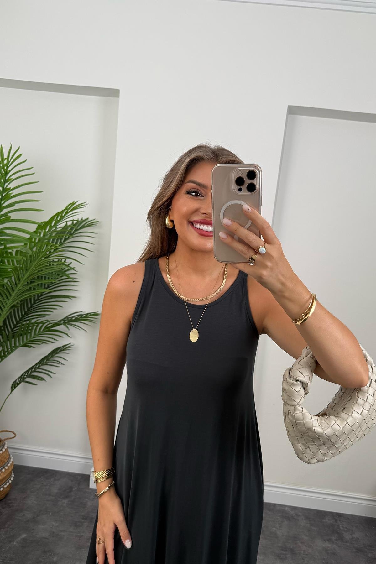 1. Sınıf Kalite İthal Modal Kumaş Midi Elbise Antrasit