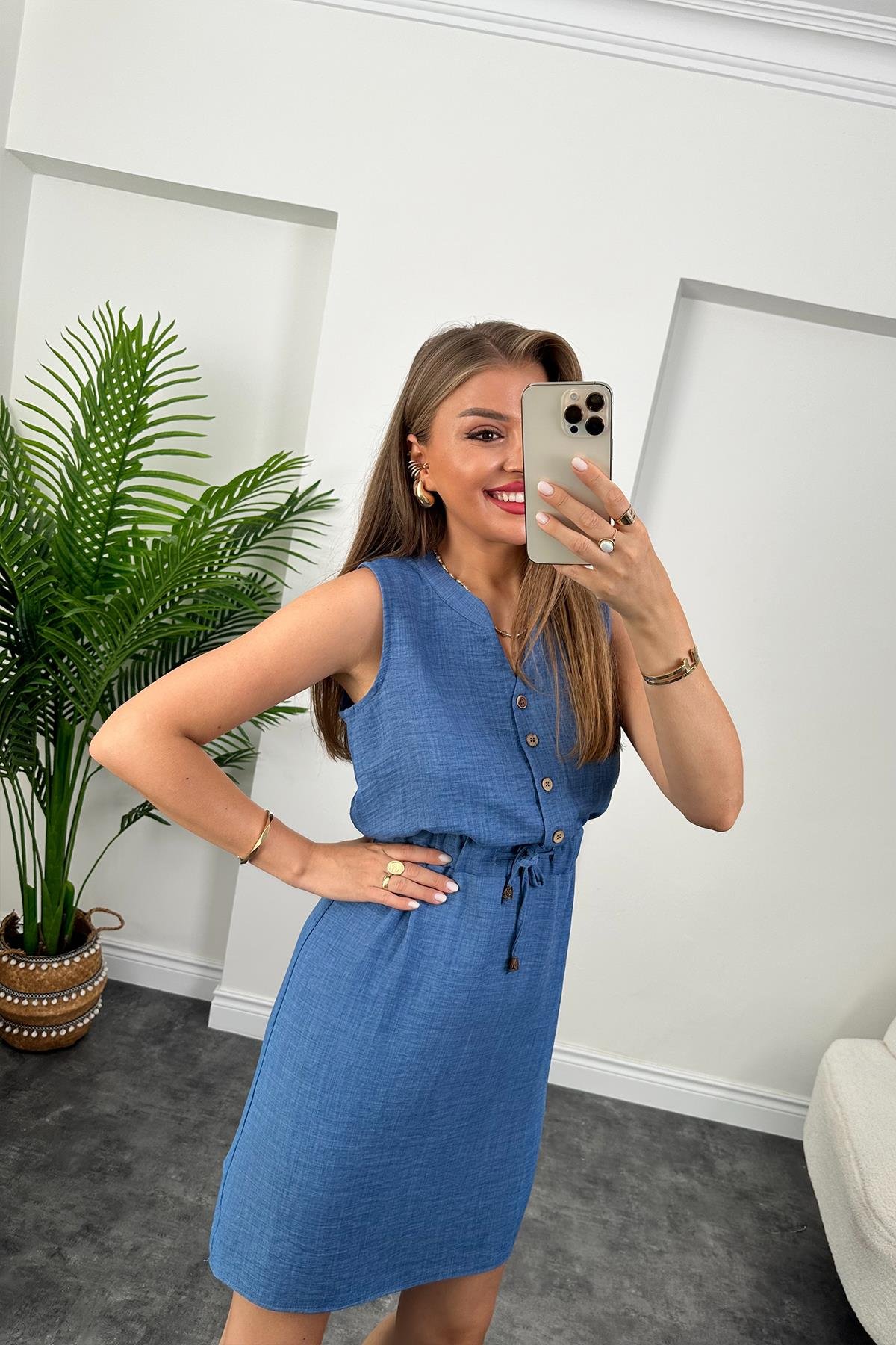 1. Sınıf Kalite Beli Lastikli Sıfır Kol Keten Elbise Yeni İndigo