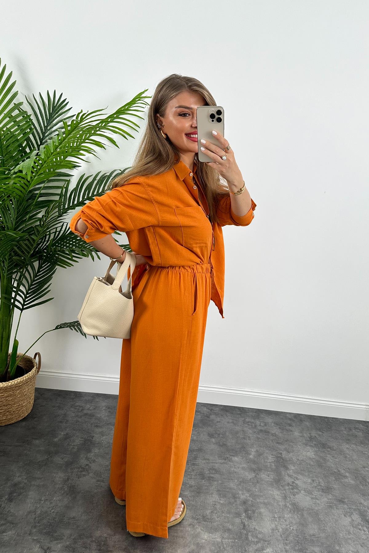 1. Sınıf Kalite Oysh Model %100 Keten Palazzo Gömlek Takım Turuncu