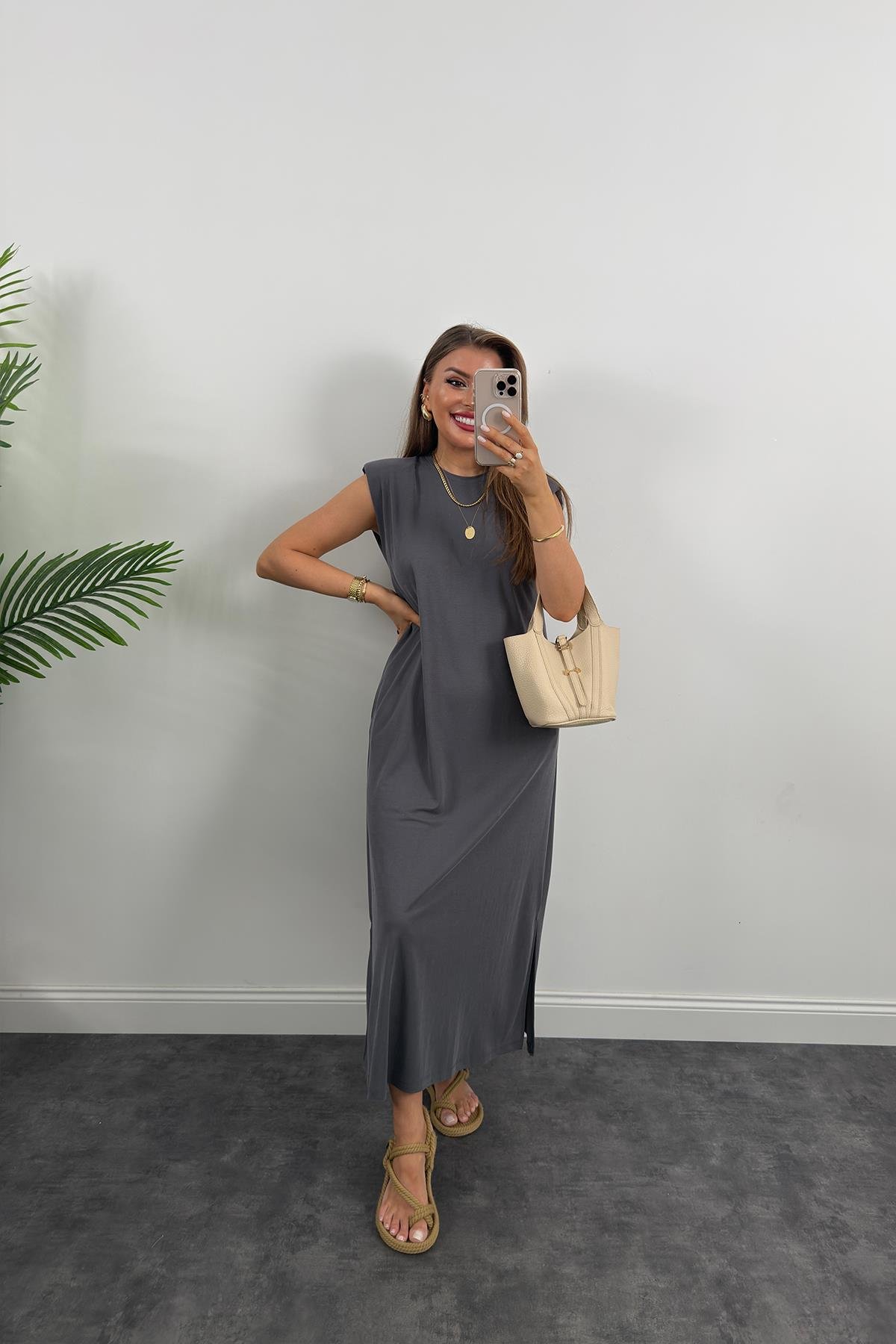 1. Sınıf Kalite Pike Modal Kumaş Vatkalı Yırtmaçlı Maxi Elbise Antrasit