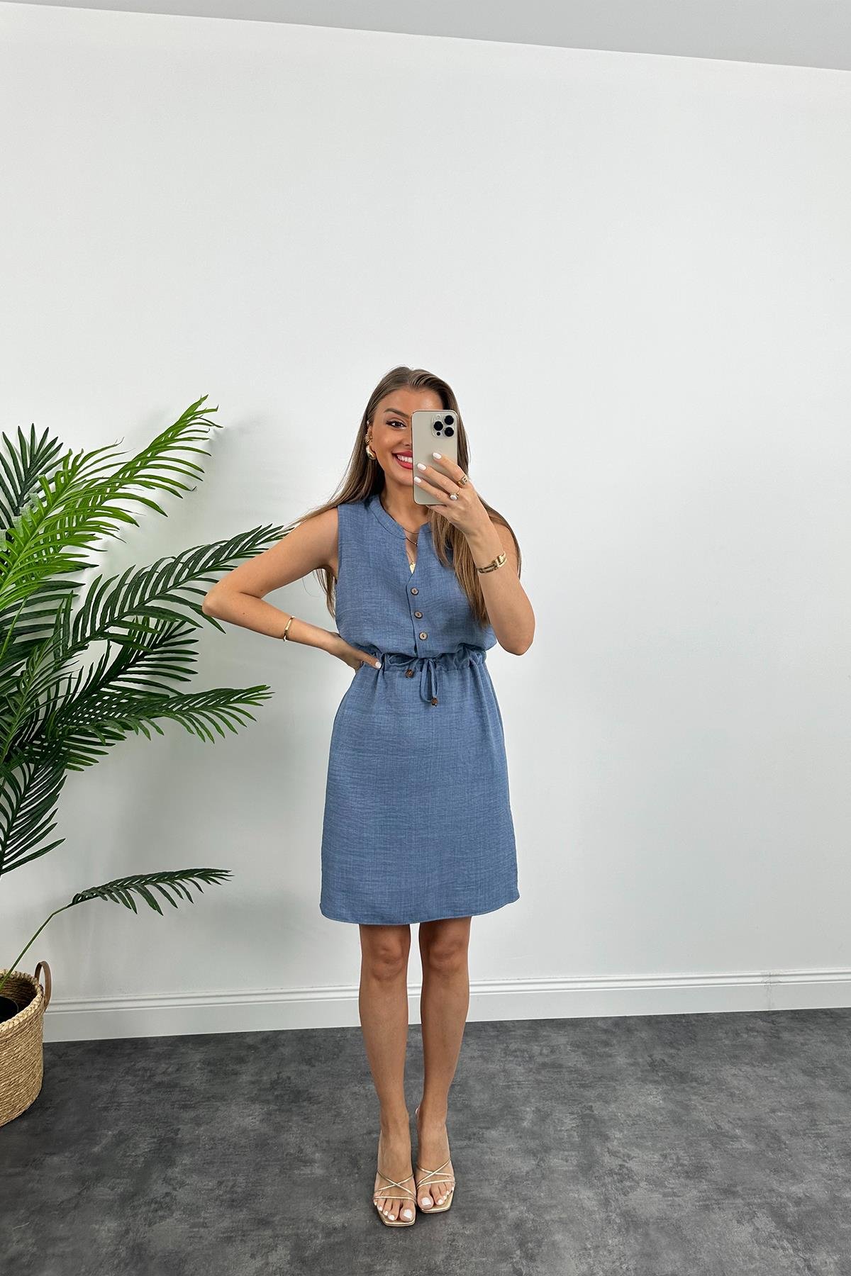 1. Sınıf Kalite Beli Lastikli Sıfır Kol Keten Elbise İndigo