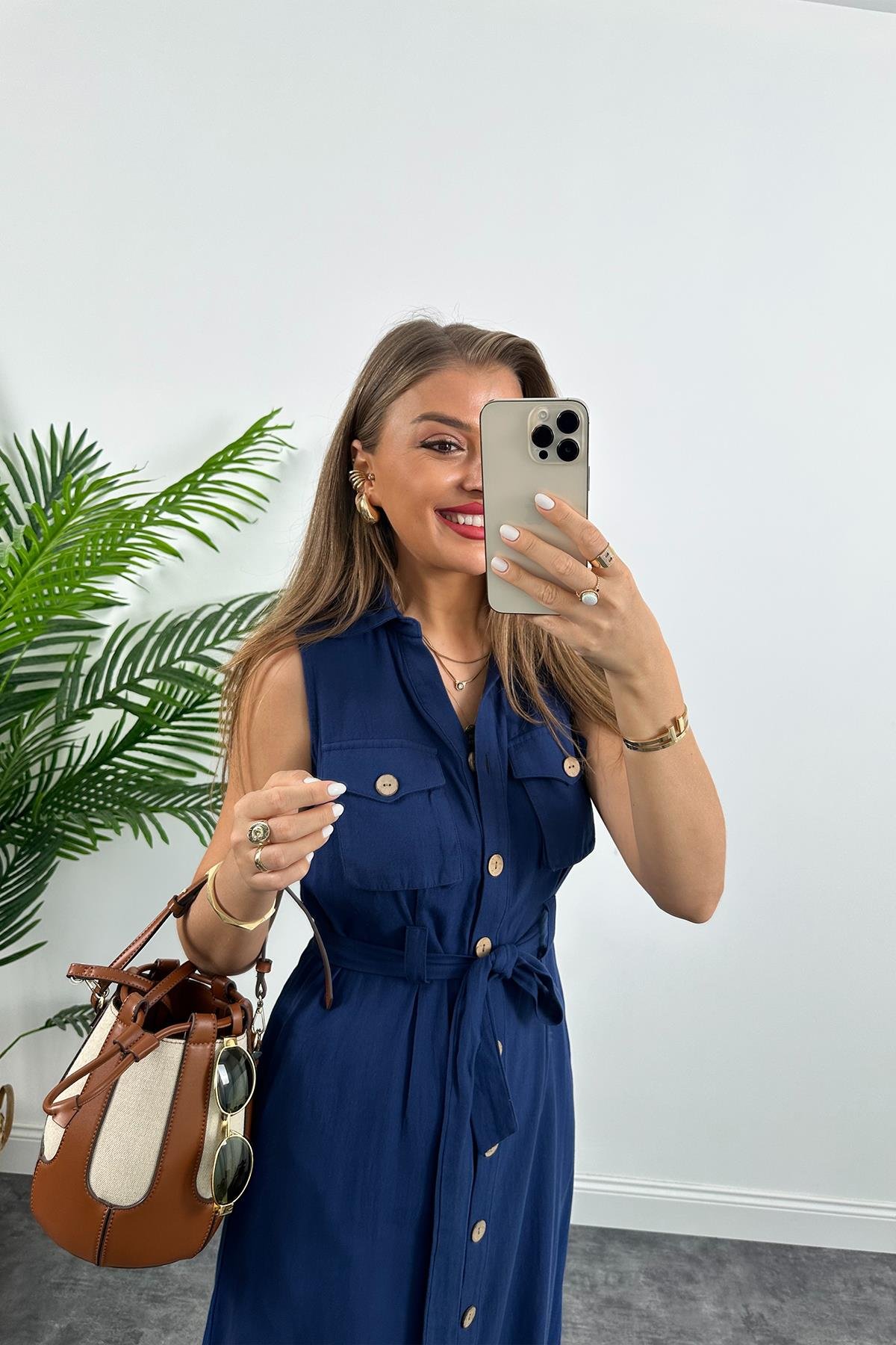 1. Sınıf Kalite %100 Pamuklu Keten Ahşap Düğmeli Midi boy Kuşaklı Elbise Lacivert