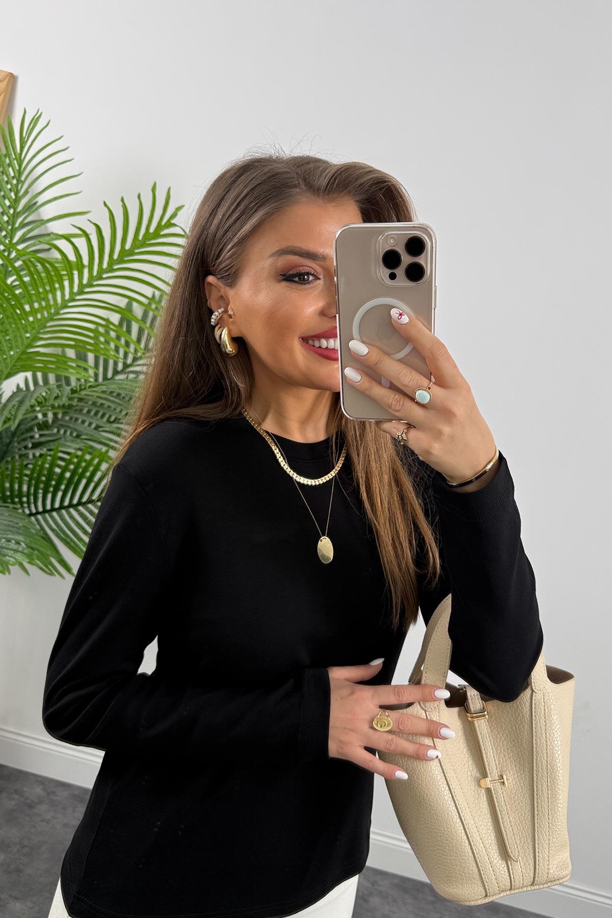 1. Sınıf Kalite  Massi Model Tam Pamuklu Uzun Kol Basic Siyah