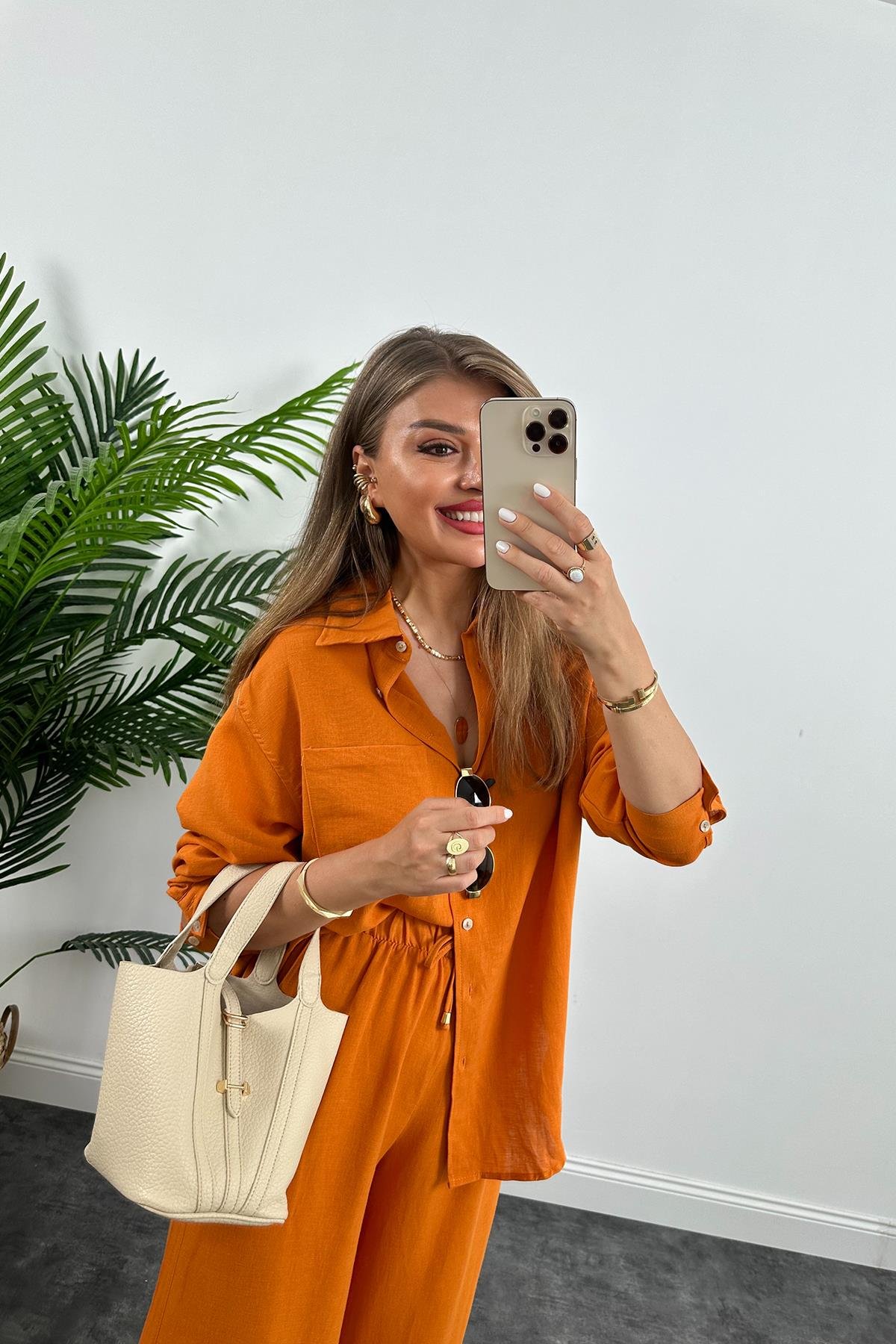 1. Sınıf Kalite Oysh Model %100 Keten Palazzo Gömlek Takım Turuncu