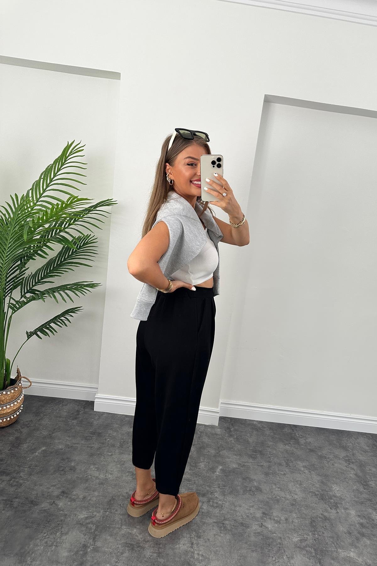 1. Sınıf Kalite Oysho Kumaş Beli Lastikli Harem Pantolon Siyah